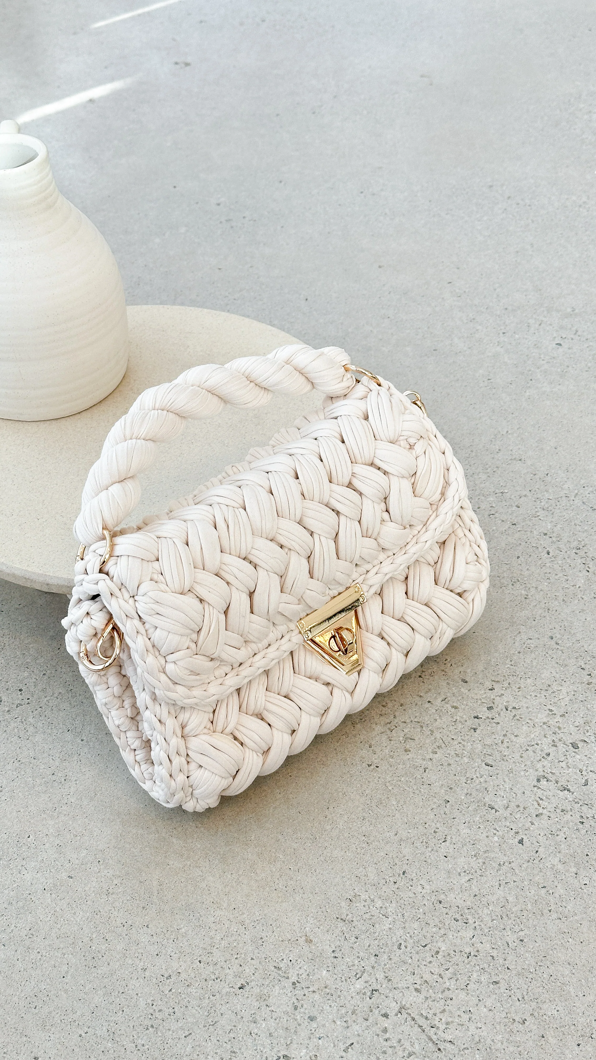Annabel Chunky Plaited Handbag - Light Cream - luluinthesky