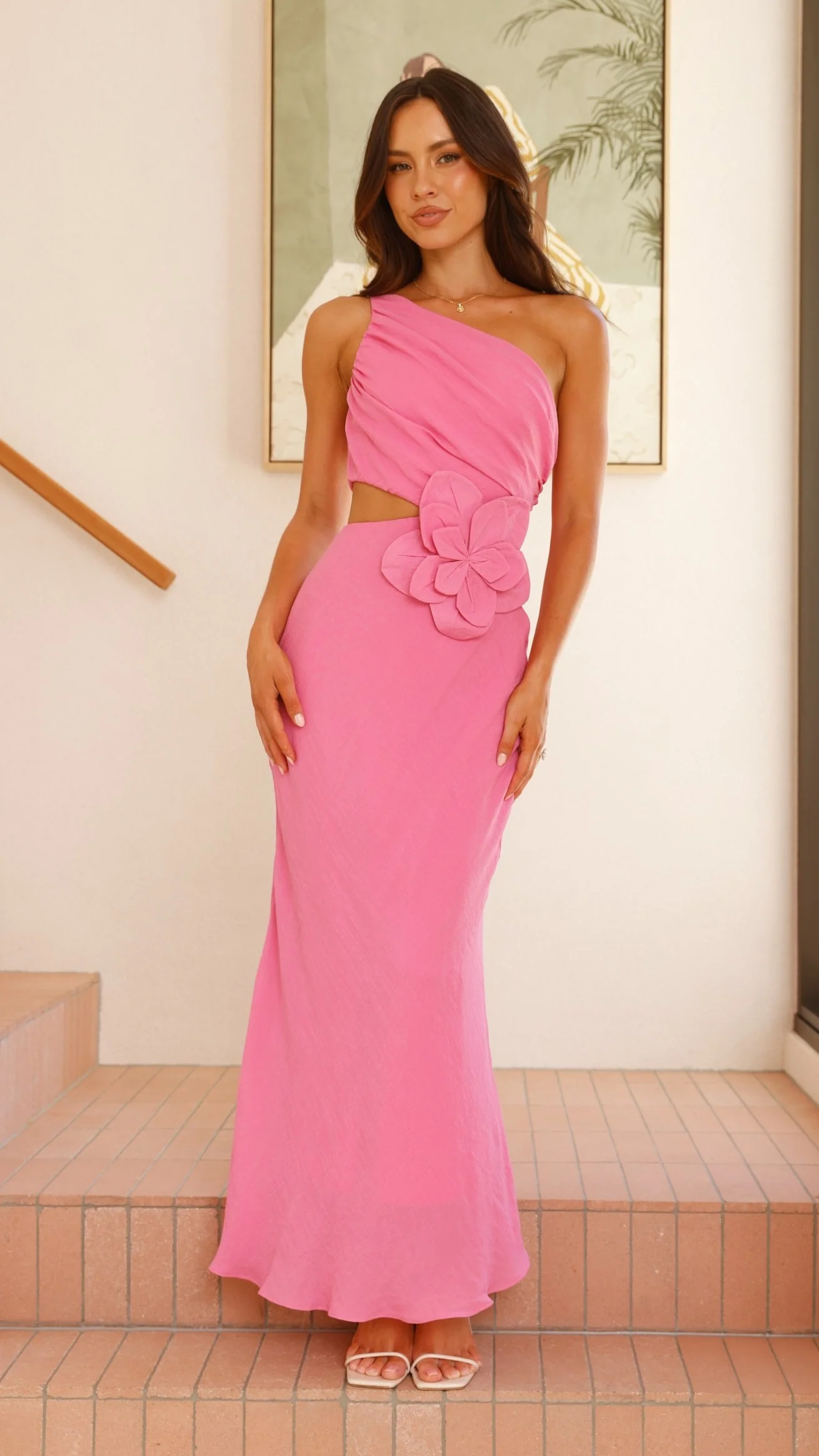 Bloom One Shoulder Cut Out Maxi Dress - Hot Pink - luluinthesky