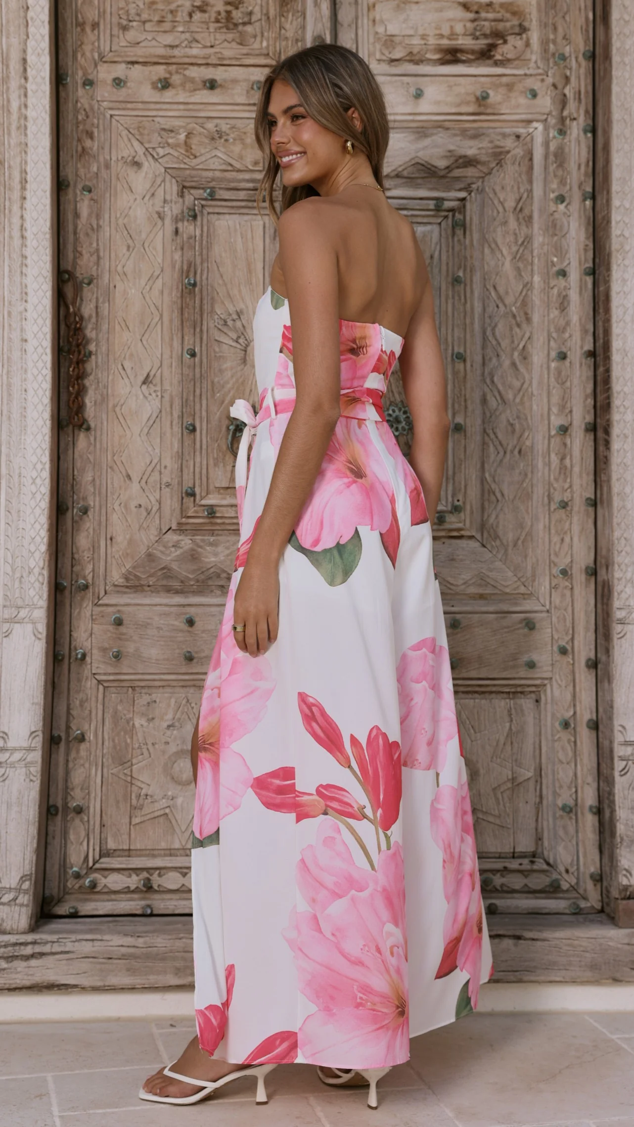 Carson Front Spilt Strapless Jumpsuit - Pink Floral - luluinthesky