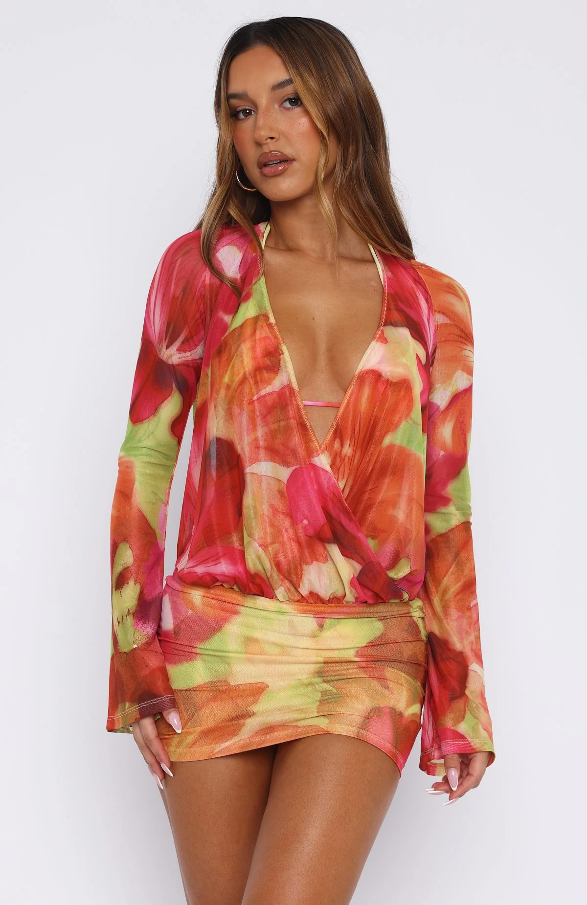 New Rules Long Sleeve Mini Dress Tropical Bloom - luluinthesky
