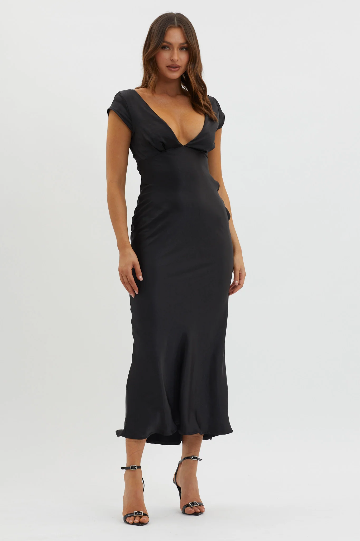 Lucinda VNeck Twist Back Midi Dress Black