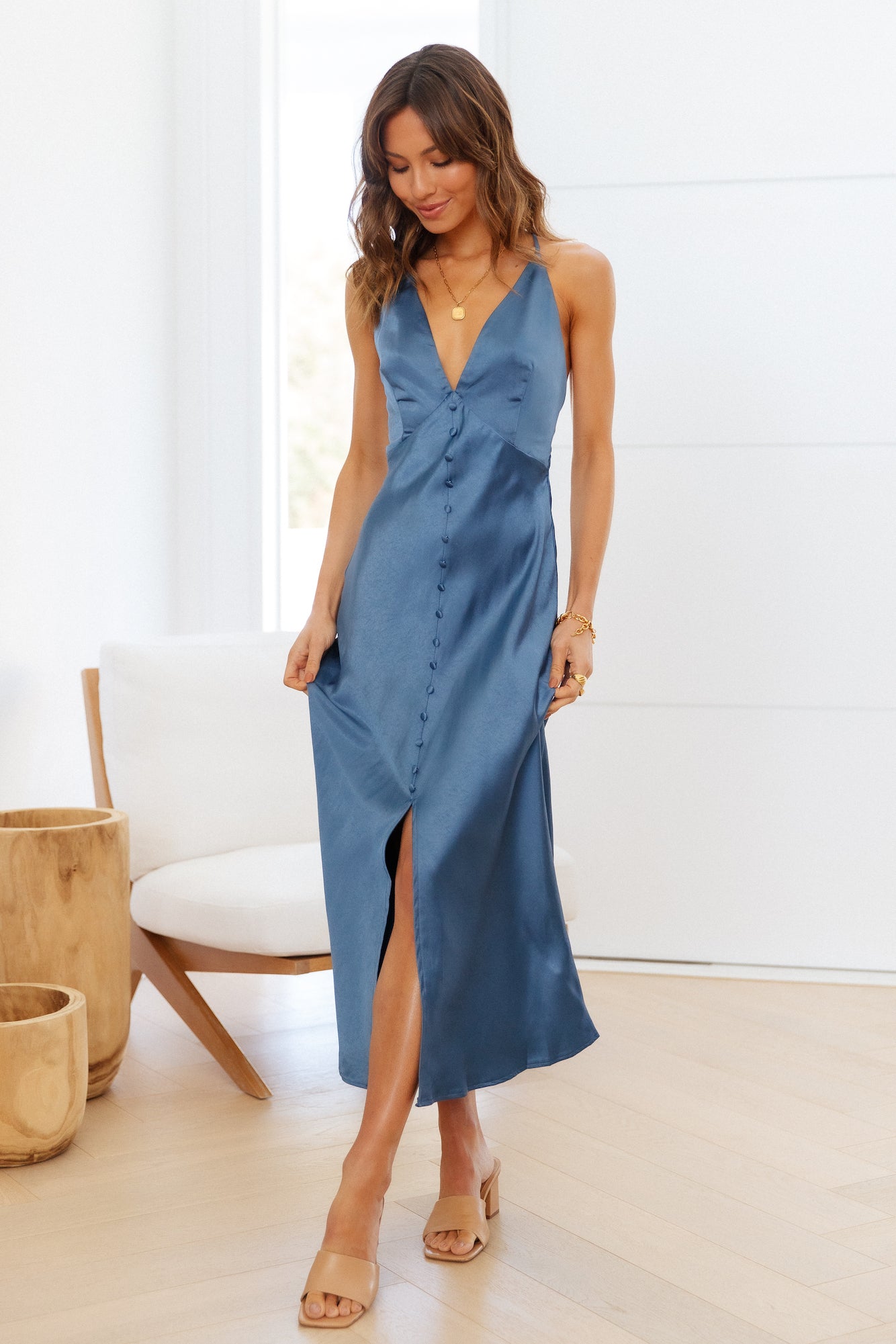 Sleek Night Satin Midi Dress Blue