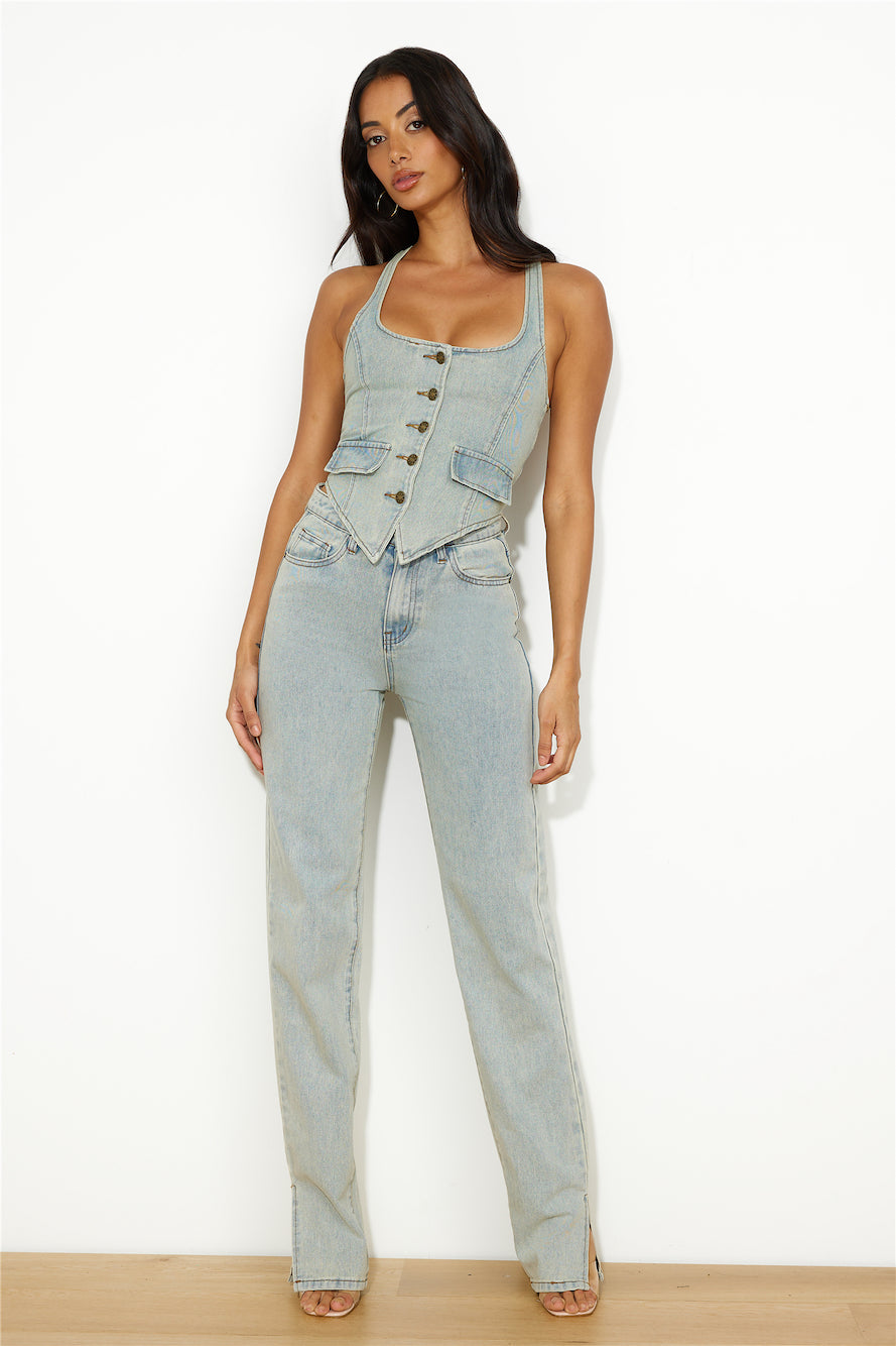 LIONESS NYC Halter Top Light Denim