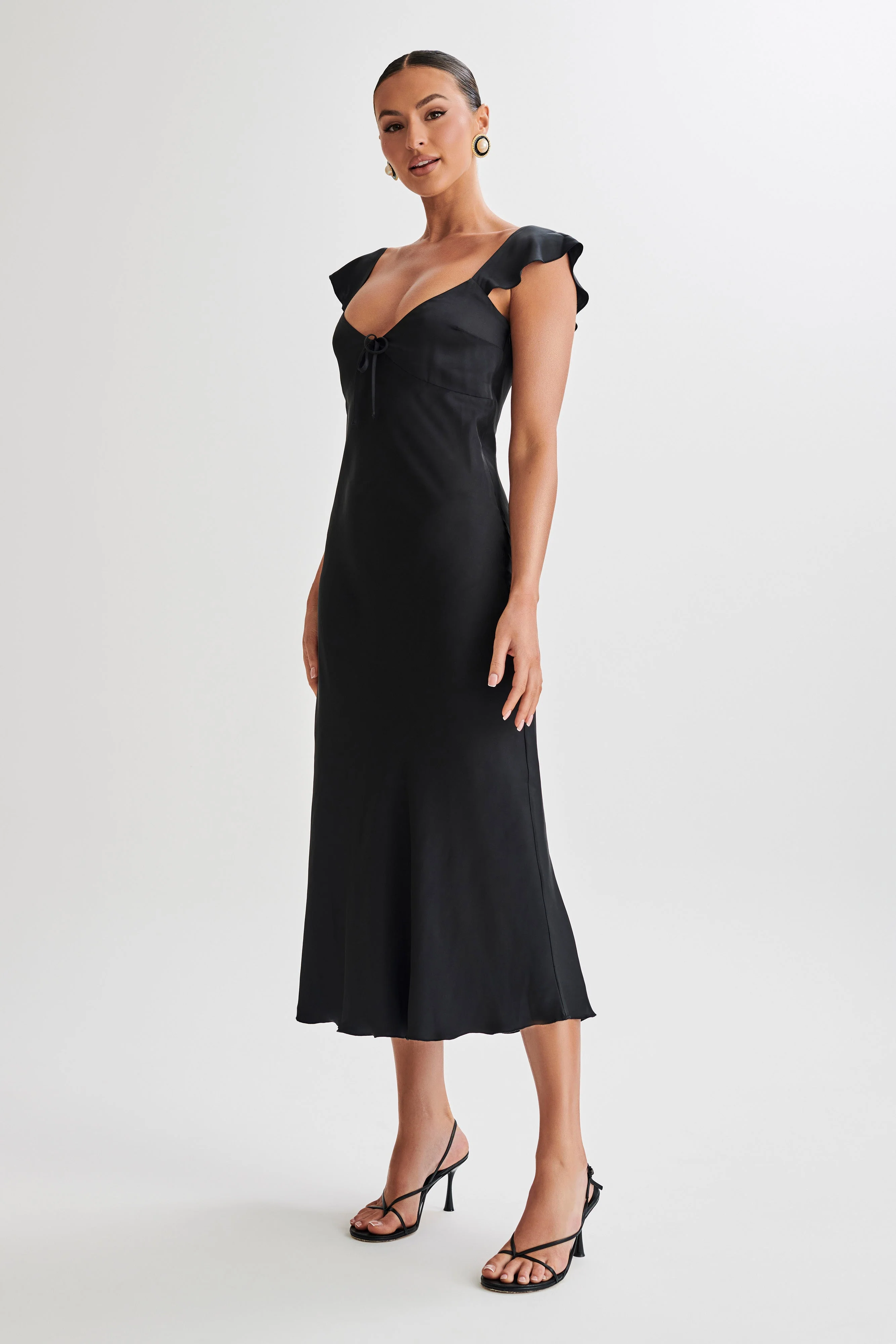 MESHKI Chantal Short Sleeve Satin Midi Dress - Black