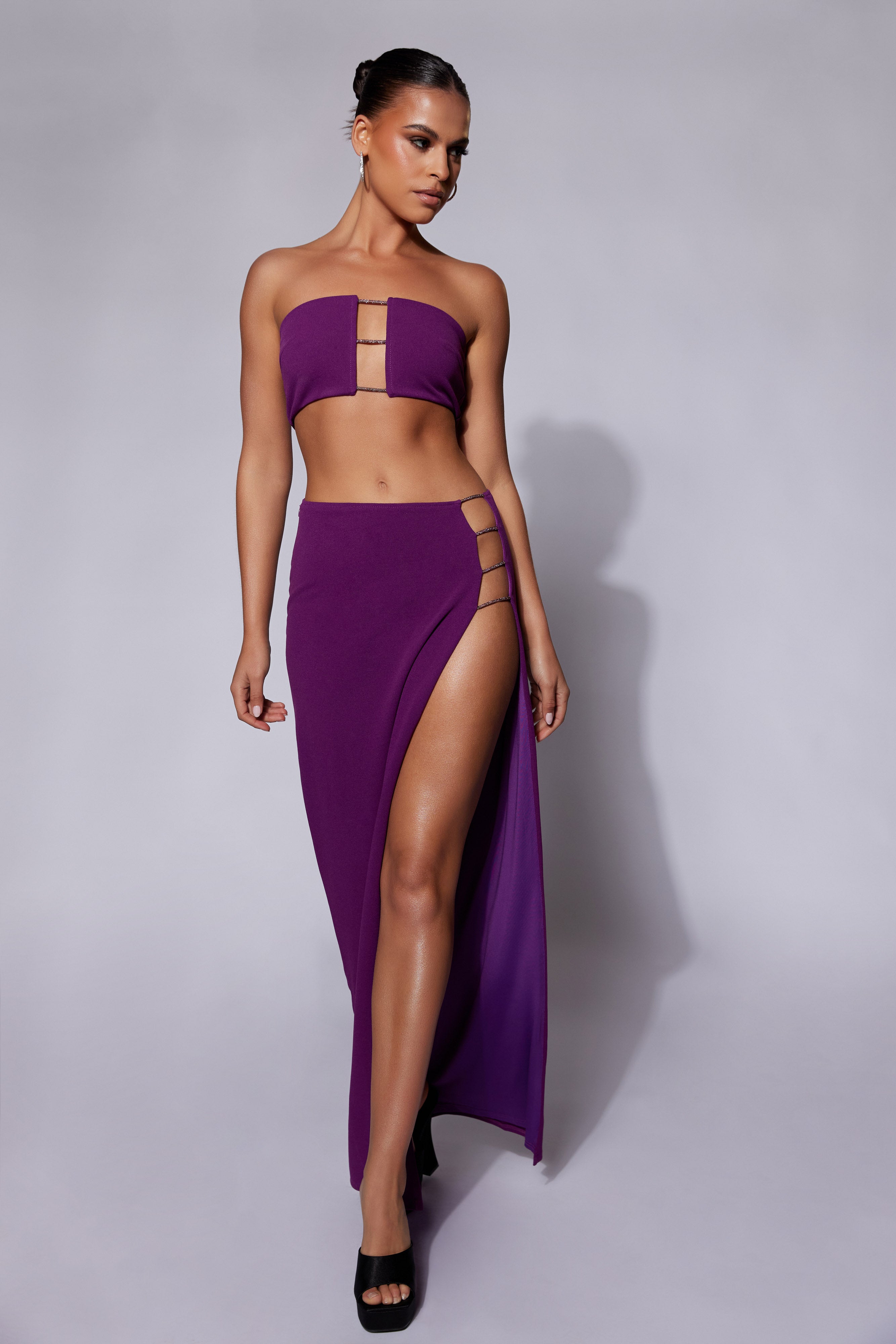 MESHKI Anastasia Diamante Rope Maxi Skirt With Split - Grape