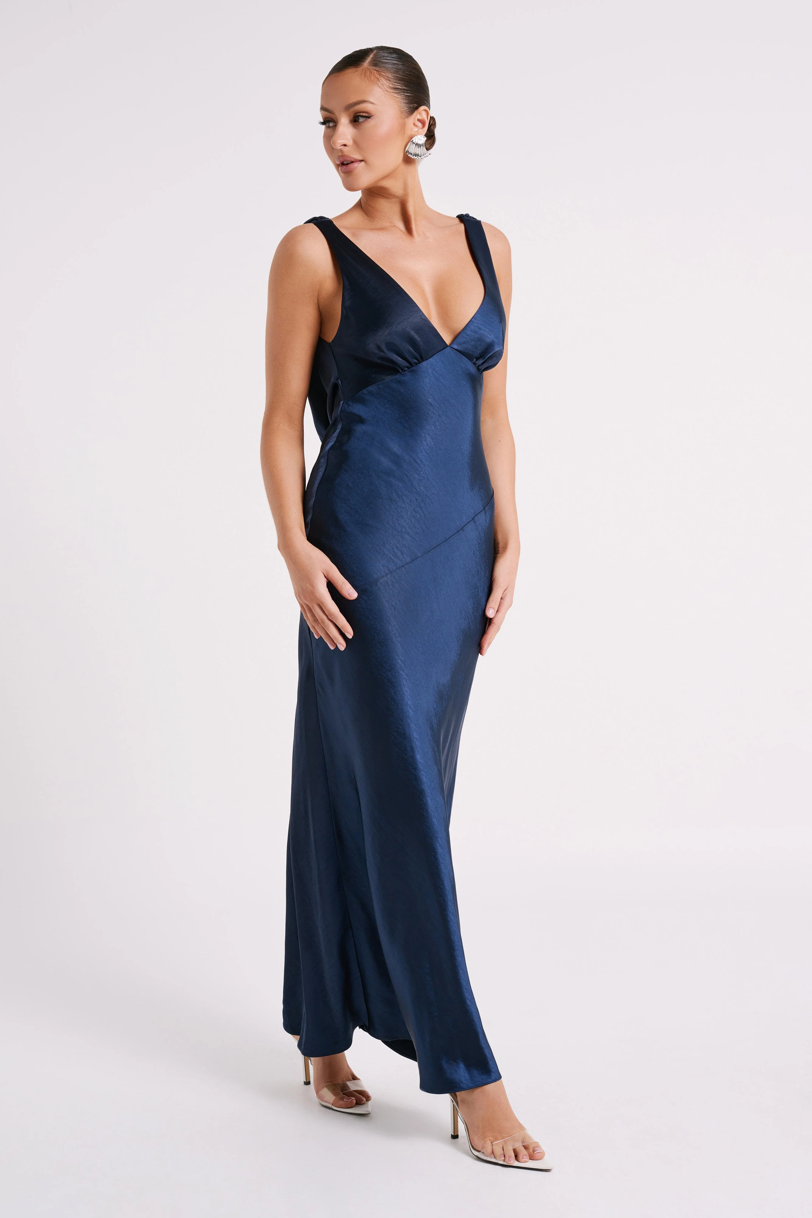 MESHKI Nadia Maxi Satin Dress With Back Cowl - Navy