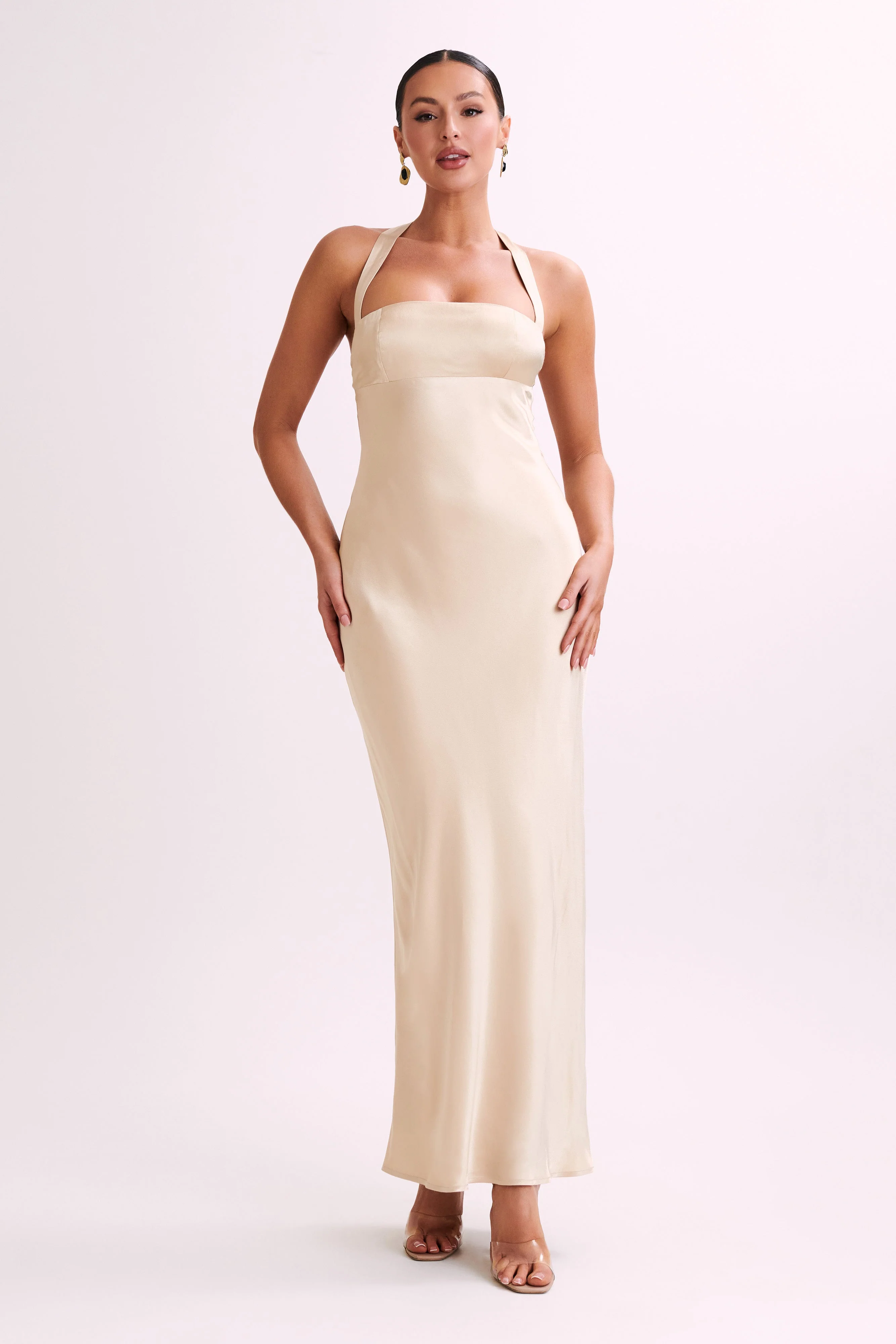 MESHKI Sabra Satin Halter Maxi Dress - Gold