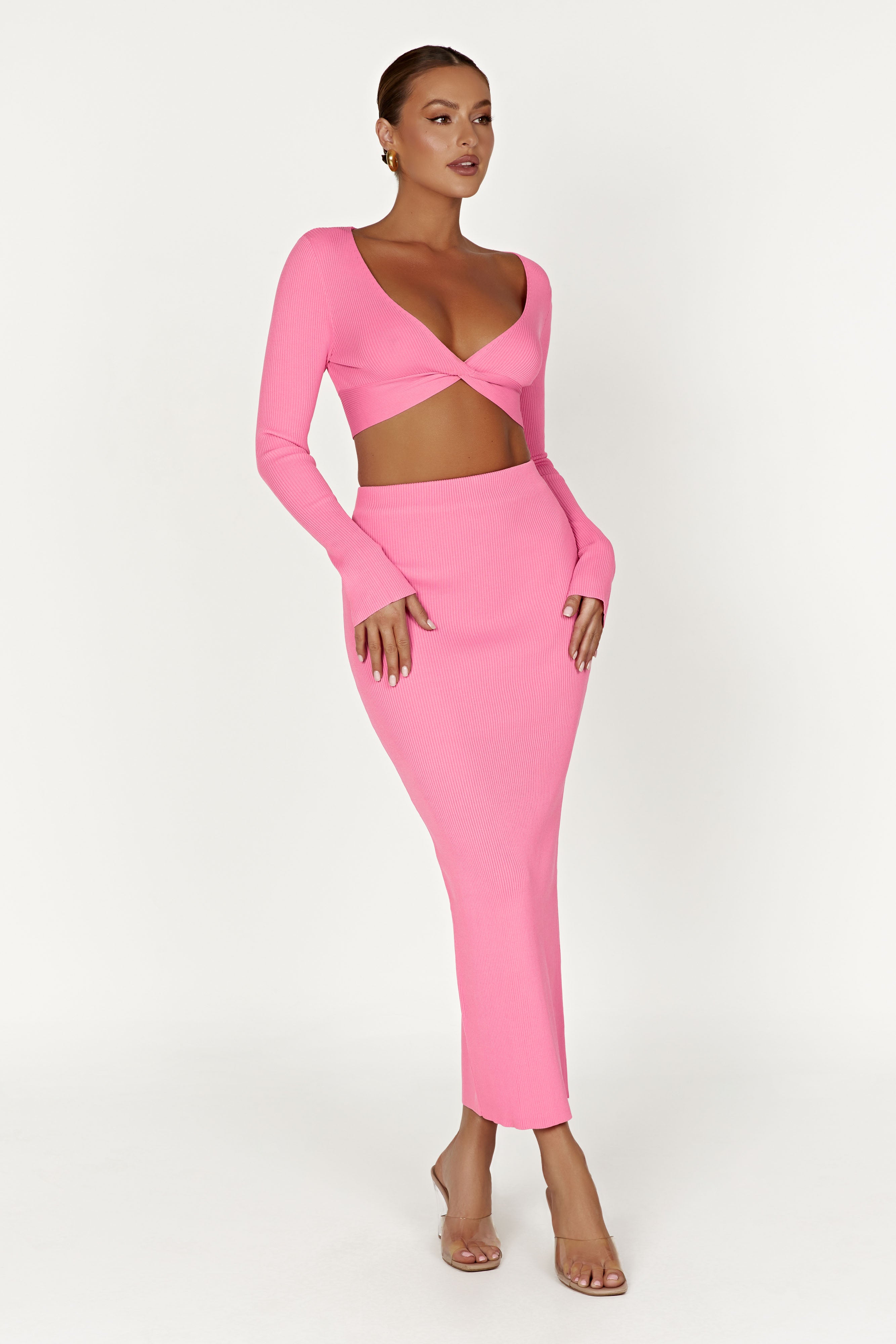 MESHKI Kaesha Long Sleeve Twist Front Knit Top - Bubblegum Pink