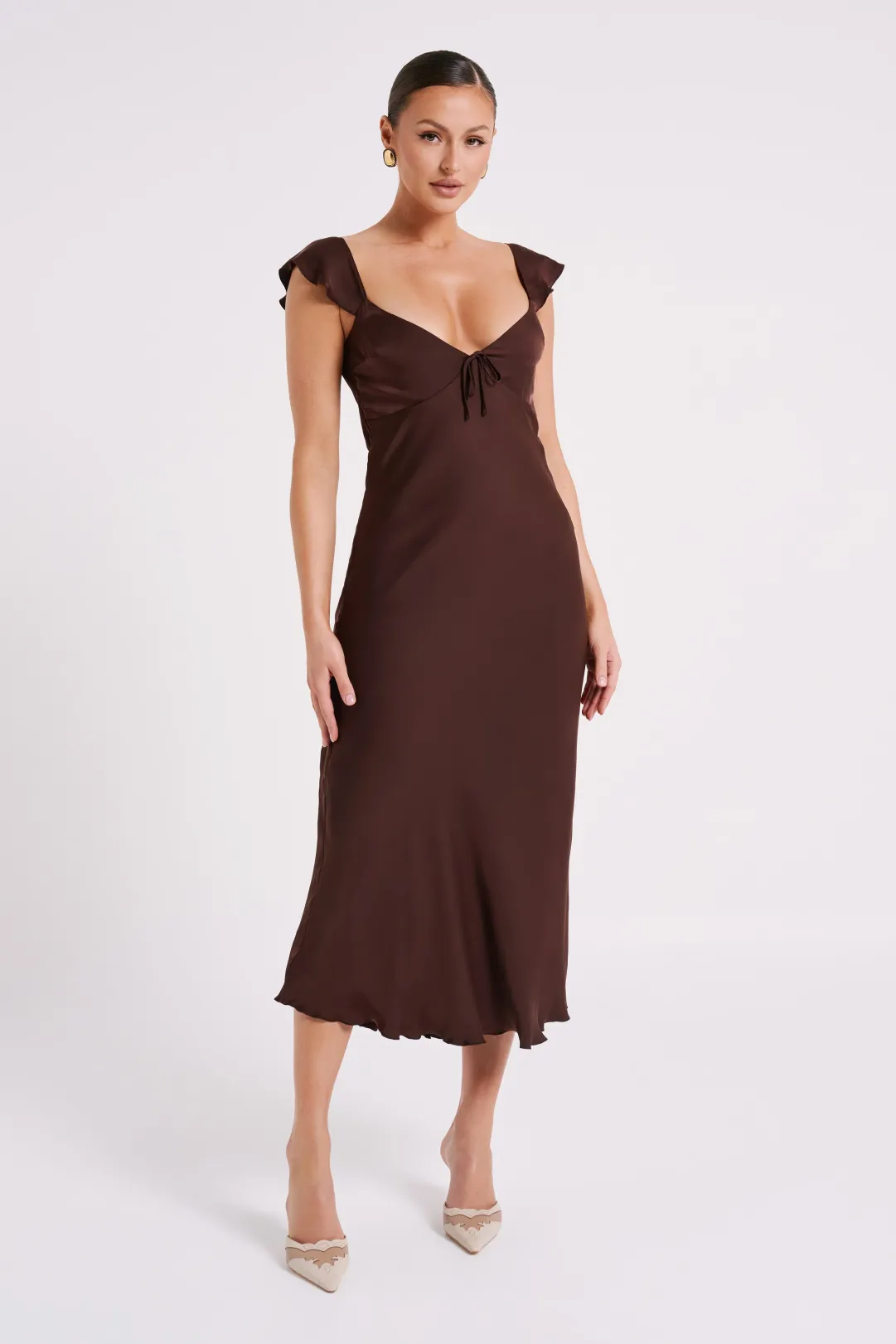MESHKI Chantal Short Sleeve Satin Midi Dress - Dark Chocolate -  nearly-newlywed