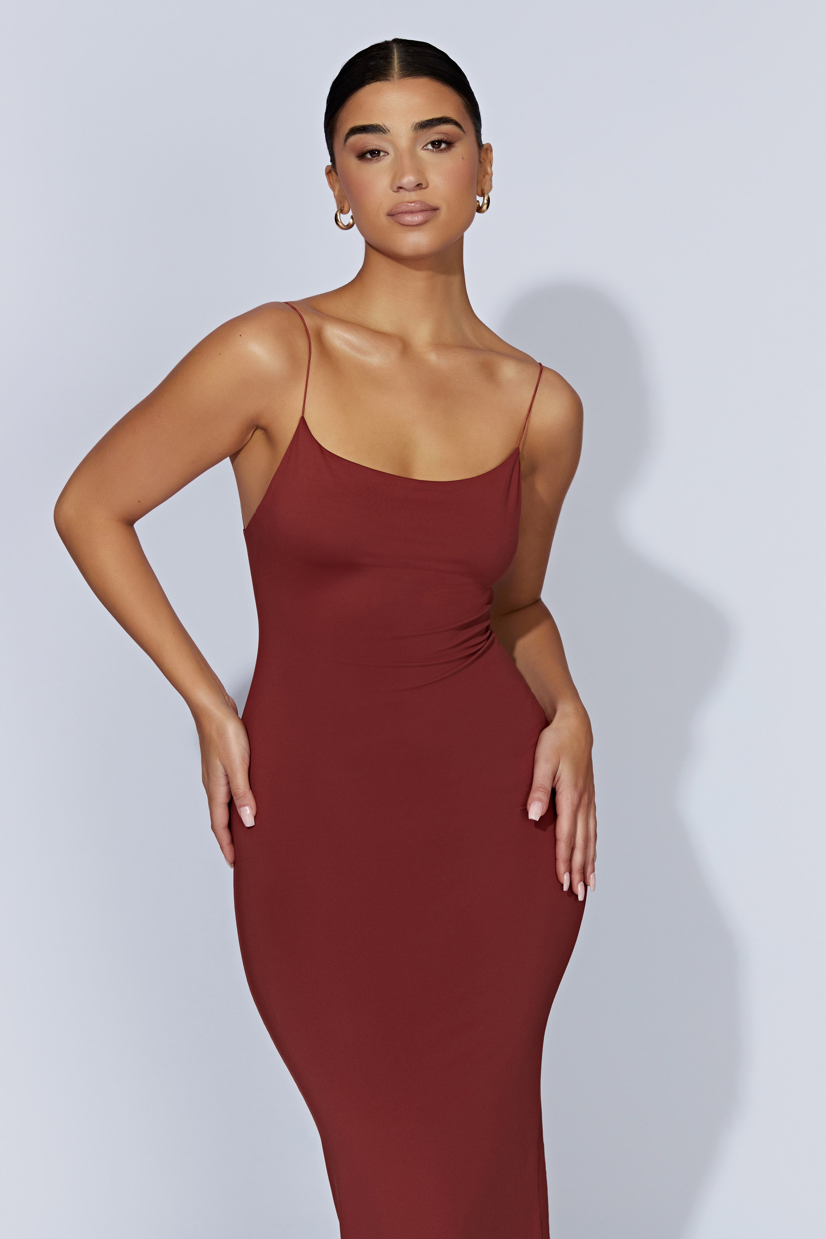 MESHKI Lexia Scoop Low Neck Midi Dress - Cherry Chocolate