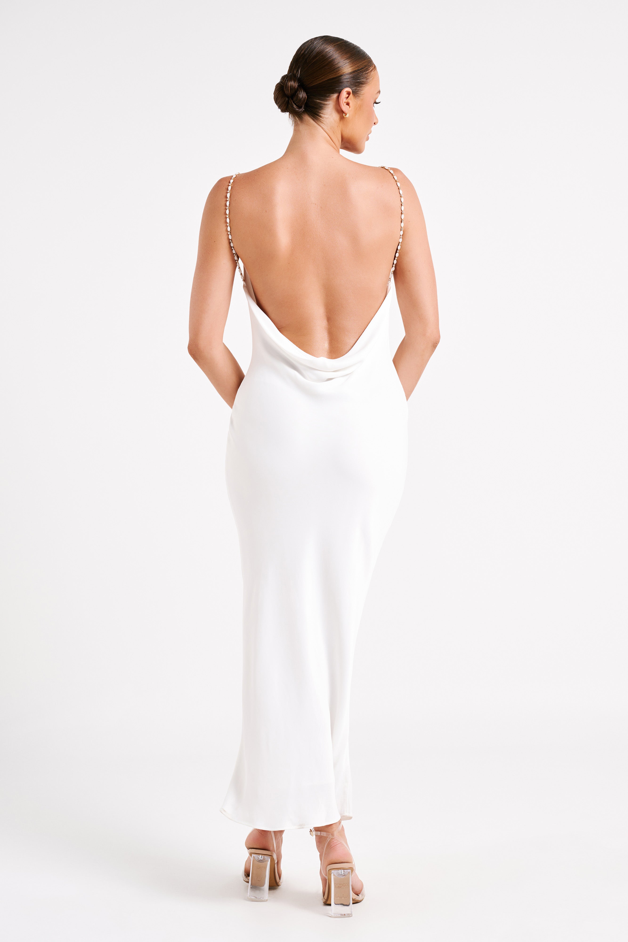 MESHKI Adela Cowl Midi Dress With Pearl Trim - White