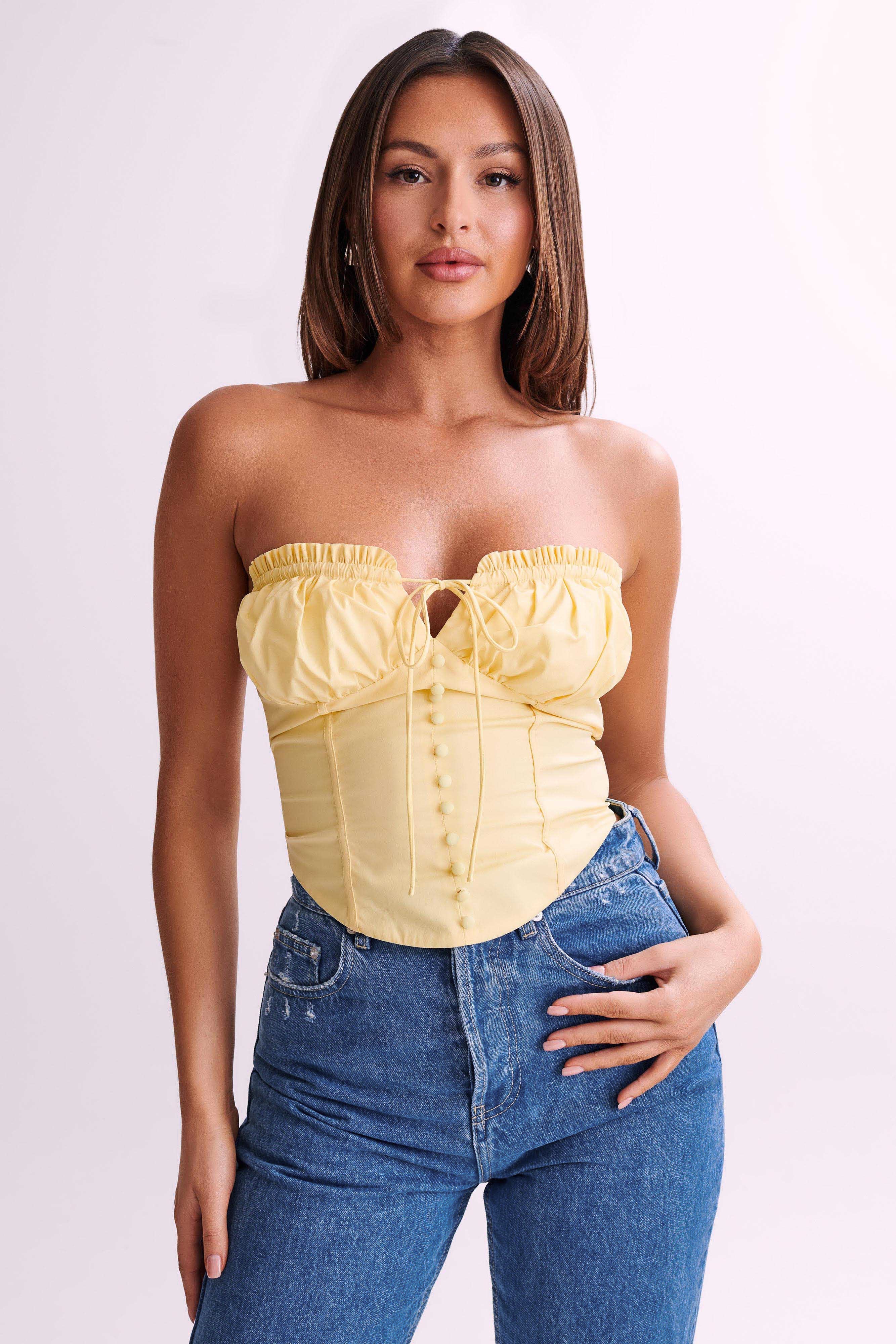 MESHKI Embry Ruched Strapless Top - Lemon