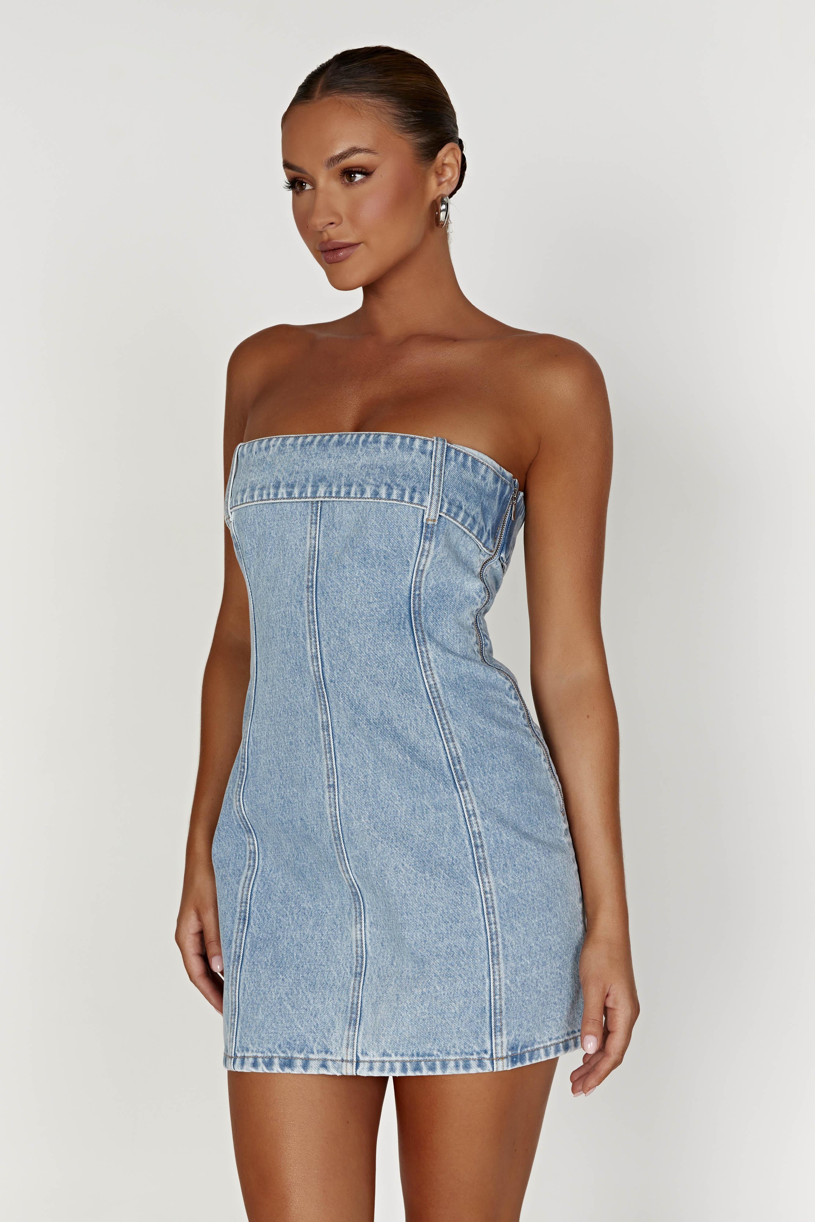 MESHKI Teddi Denim Mini Dress - Mid Blue