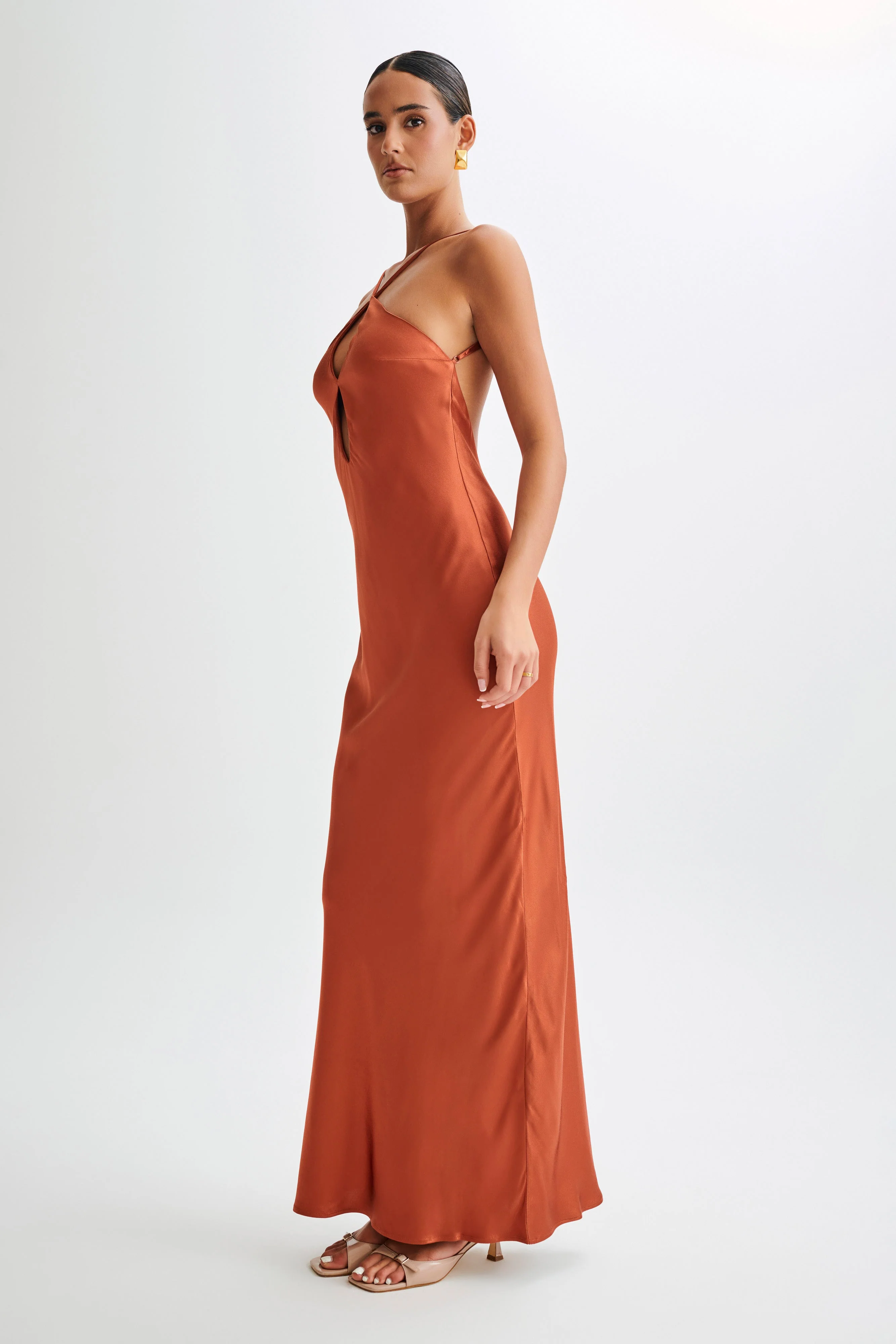MESHKI Lucia Satin Cut Out Maxi Dress - Burnt Orange