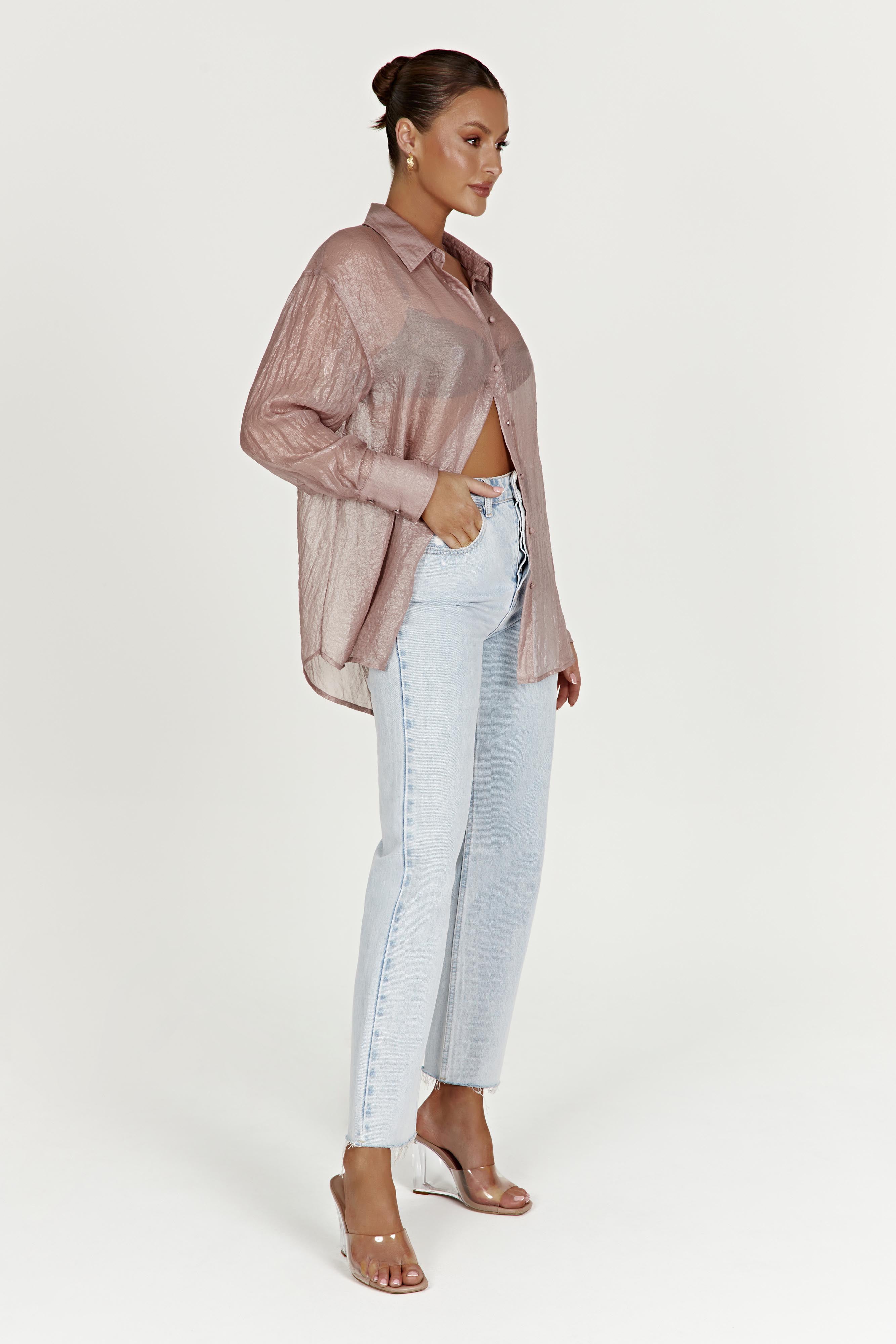 MESHKI Molly Oversized Sheer Iridescent Shirt - Taupe