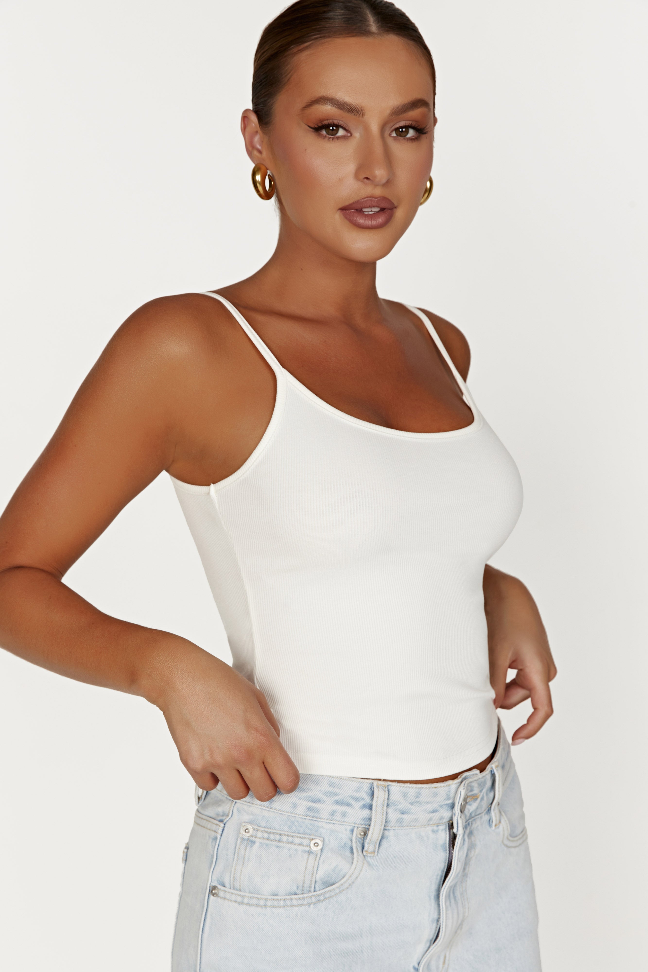 MESHKI Alexis Ribbed Cami Longline Top - White