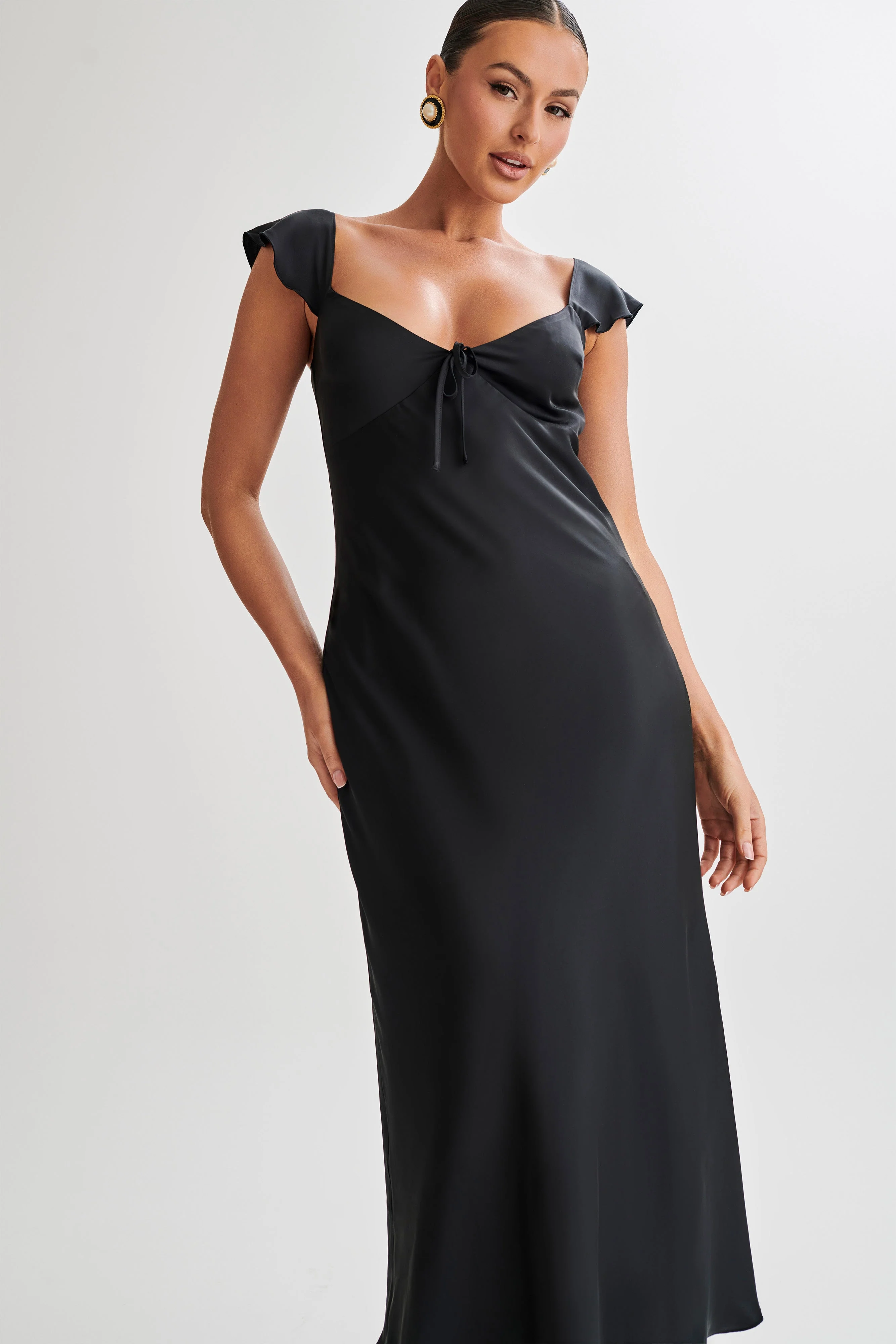 MESHKI Chantal Short Sleeve Satin Midi Dress - Black