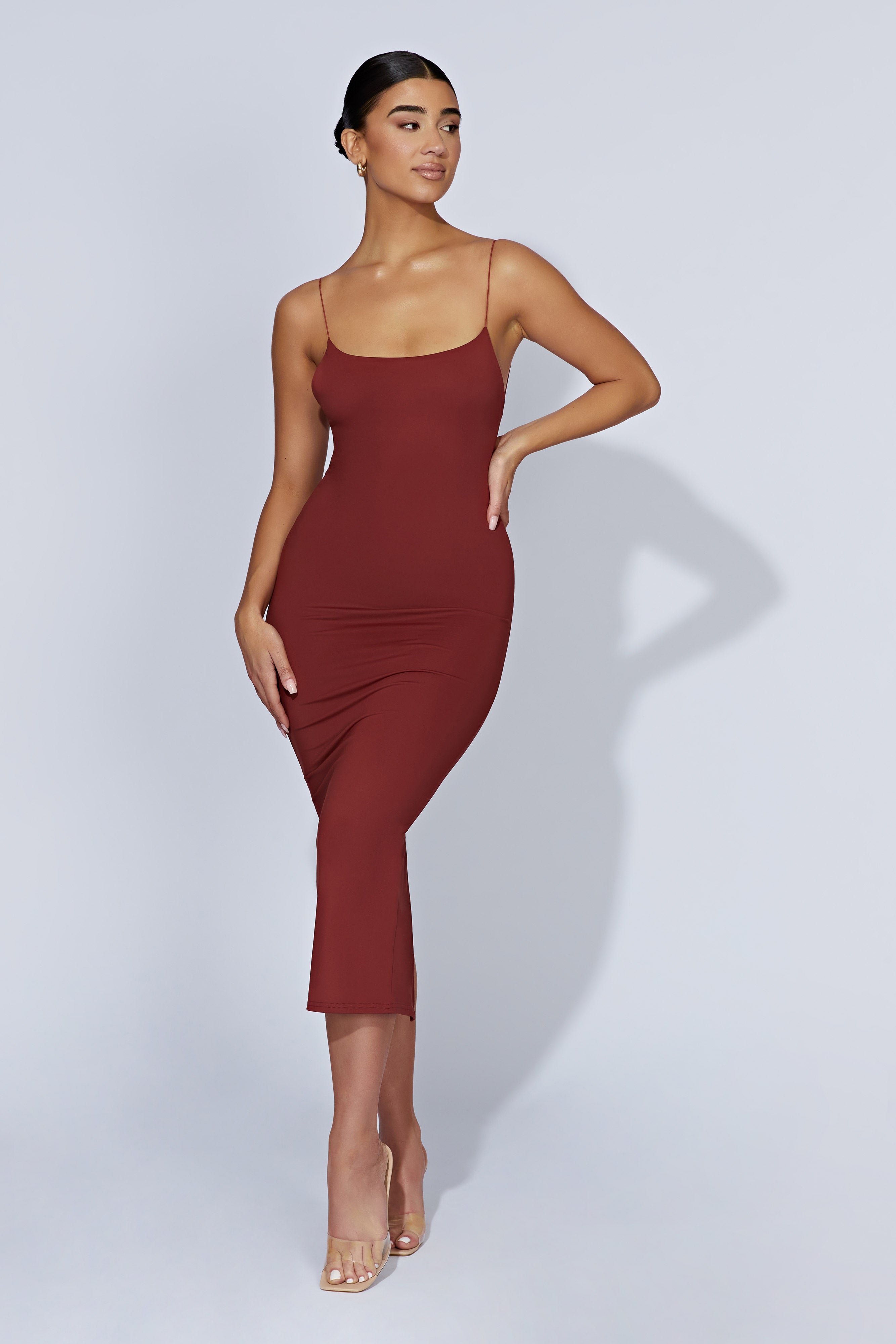 MESHKI Lexia Scoop Low Neck Midi Dress - Cherry Chocolate