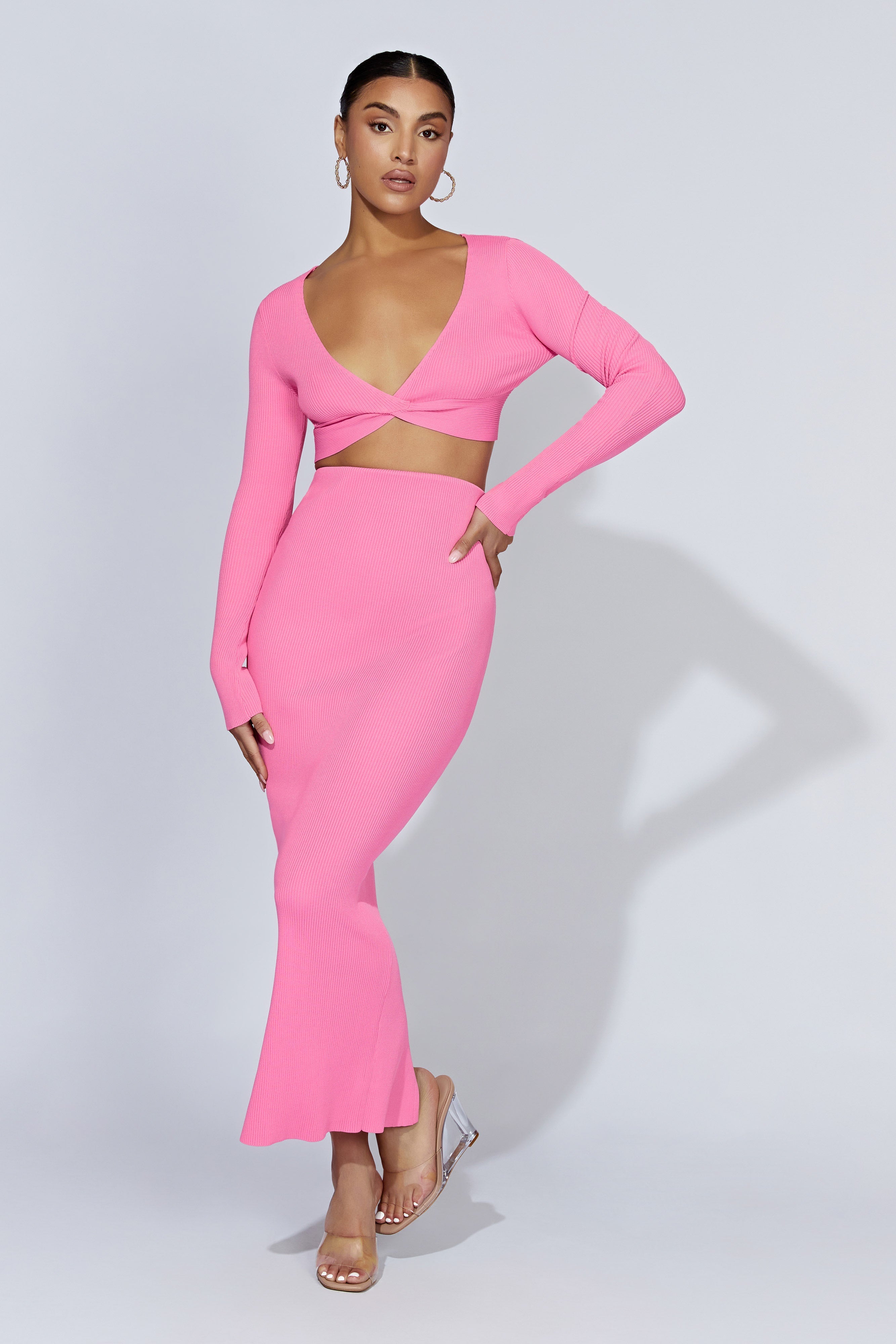 MESHKI Kaesha Long Sleeve Twist Front Knit Top - Bubblegum Pink