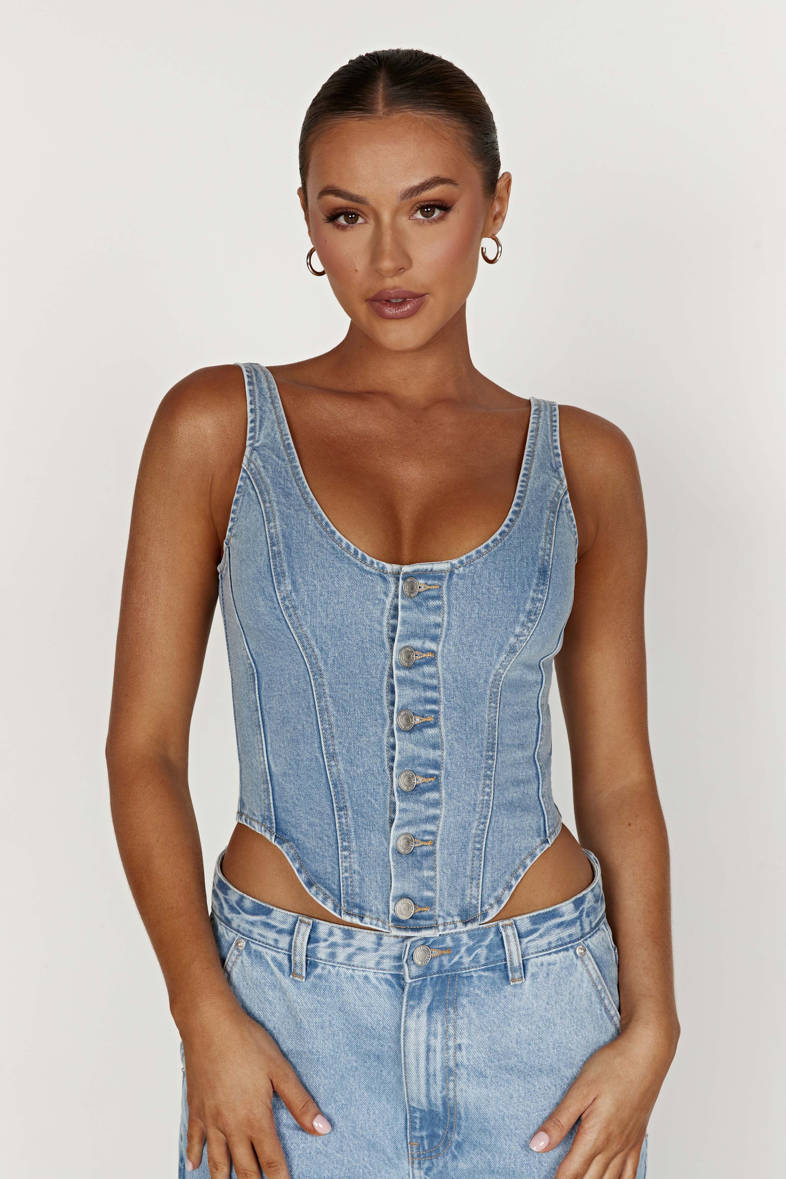 MESHKI Leilani Corset Denim Top - Mid Blue