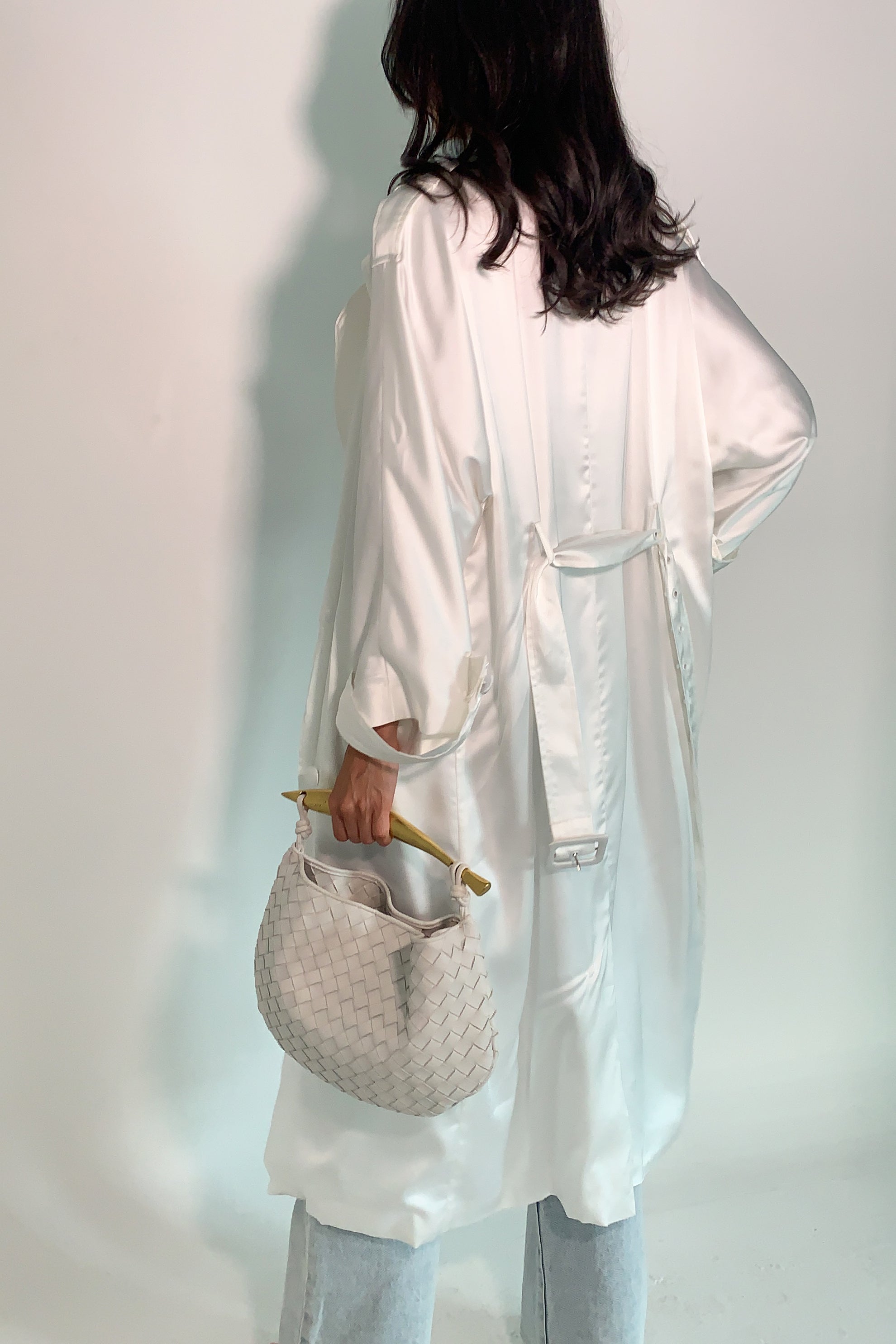 MESHKI Azaela Satin Trench Coat - White