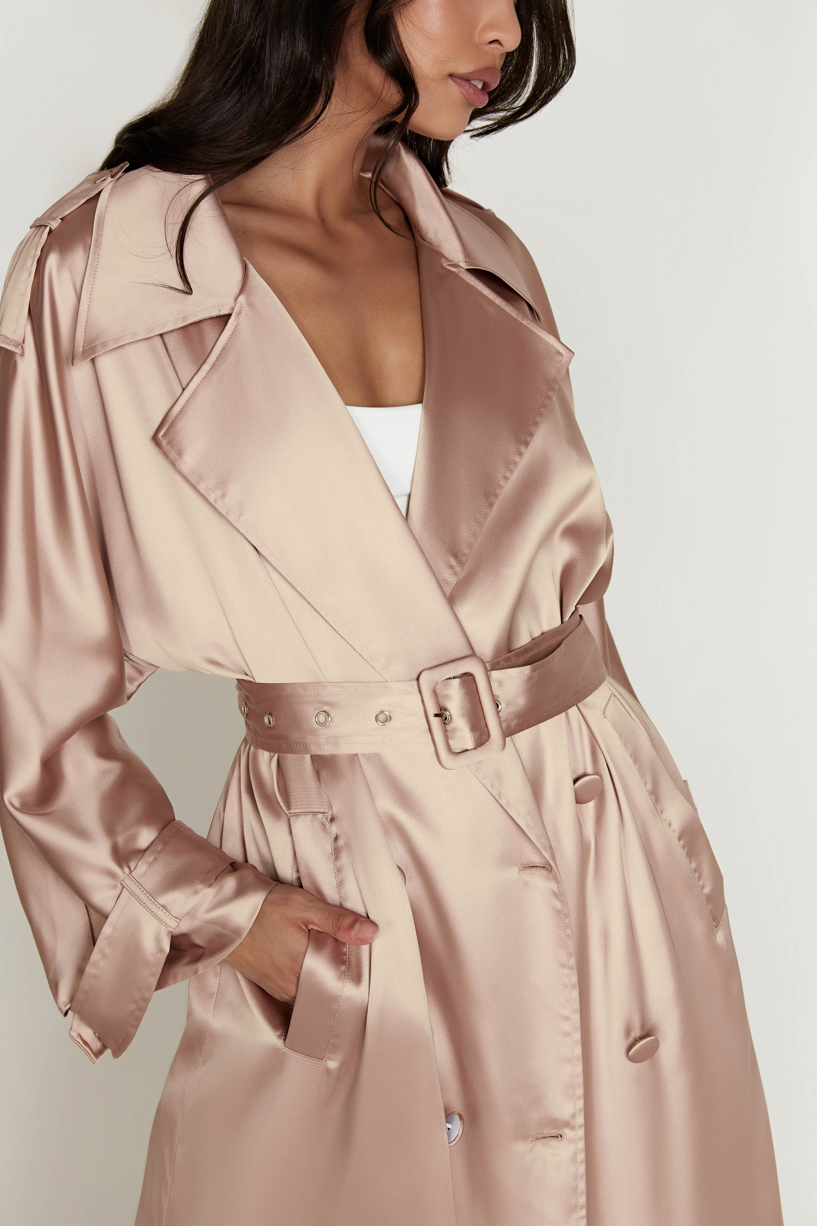 MESHKI Azaela Satin Trench Coat - Champagne