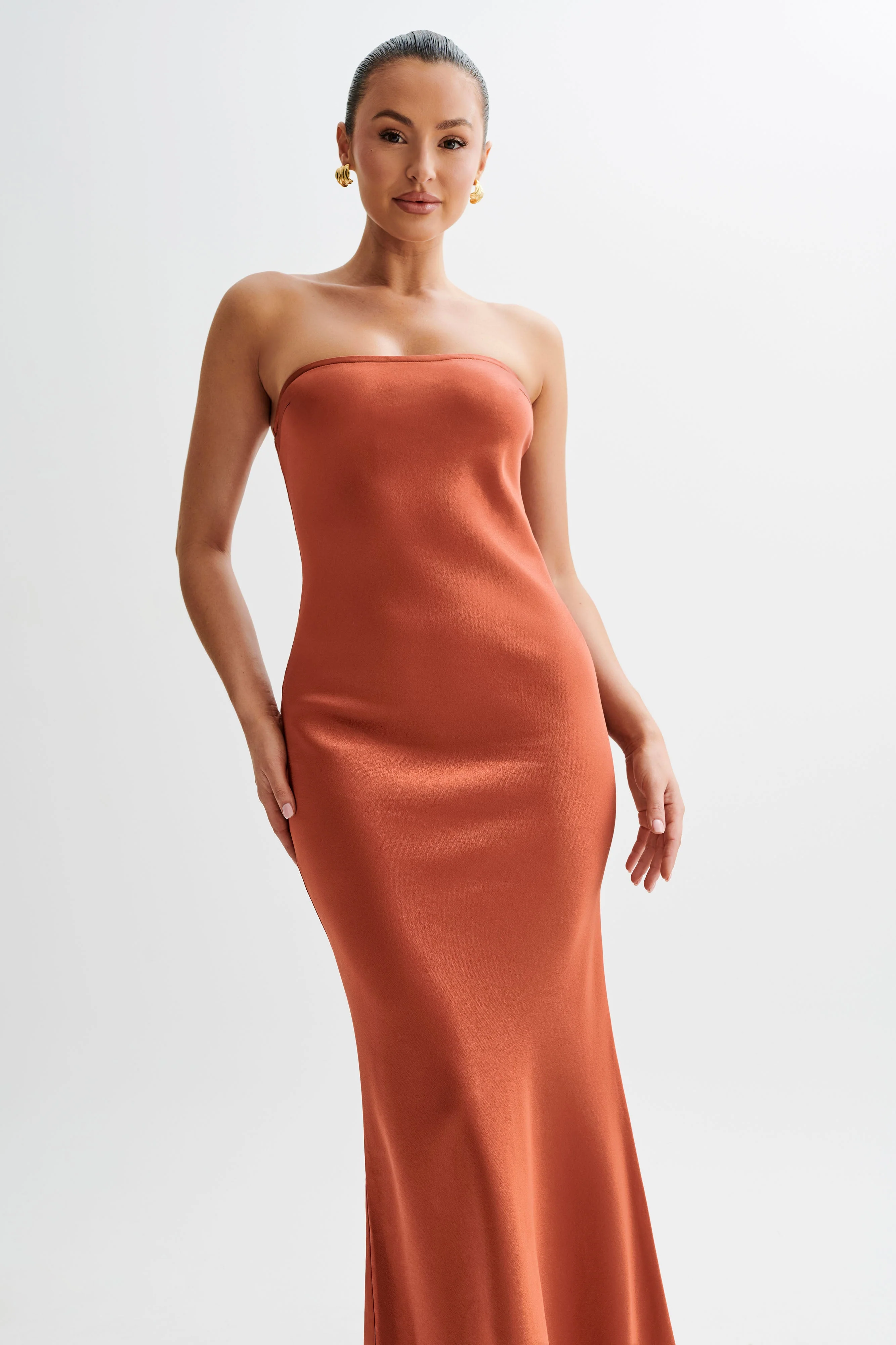 MESHKI Claudette Strapless Satin Maxi Dress - Burnt Orange
