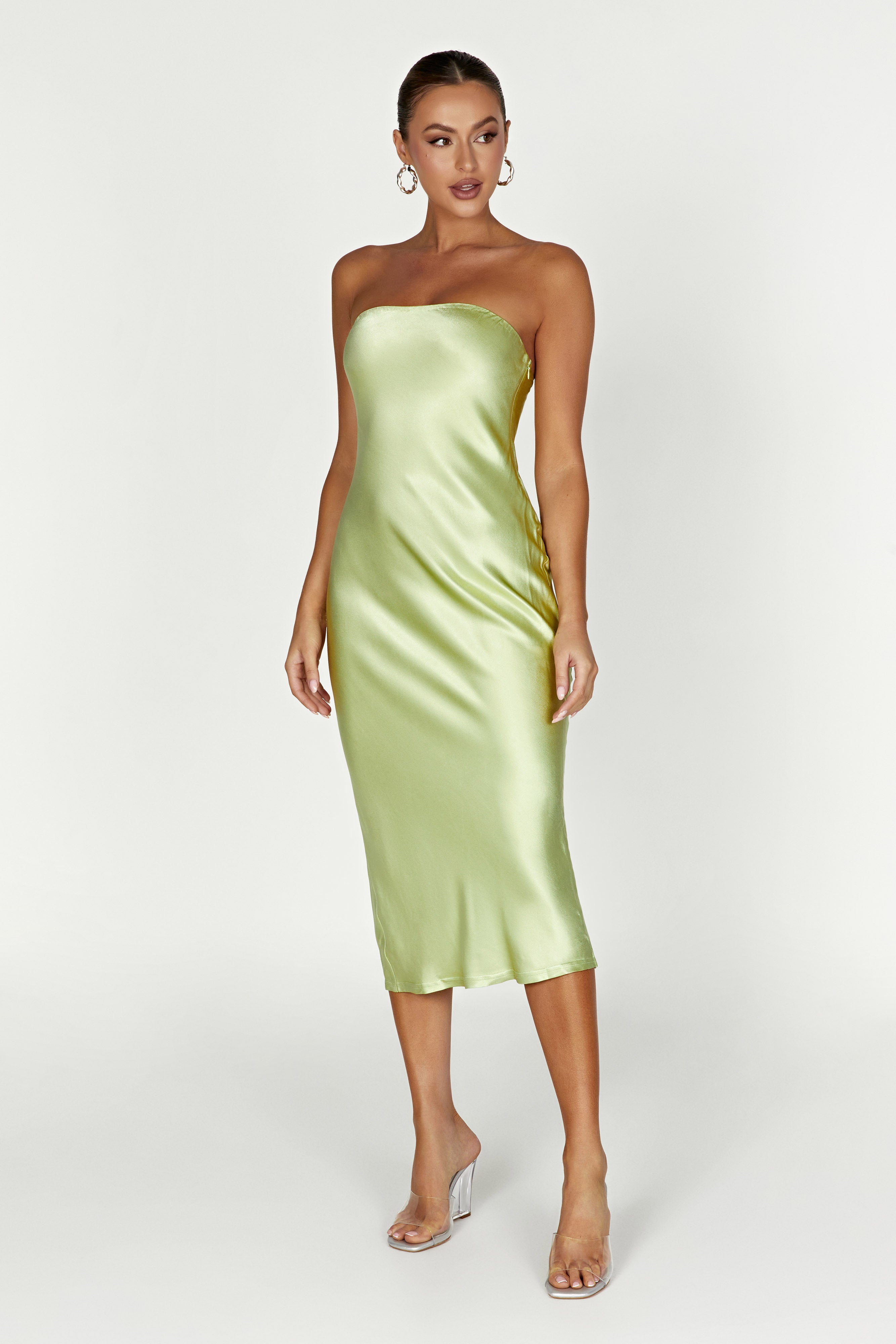 MESHKI Tyler Strapless Satin Midi Dress - Pistachio Green