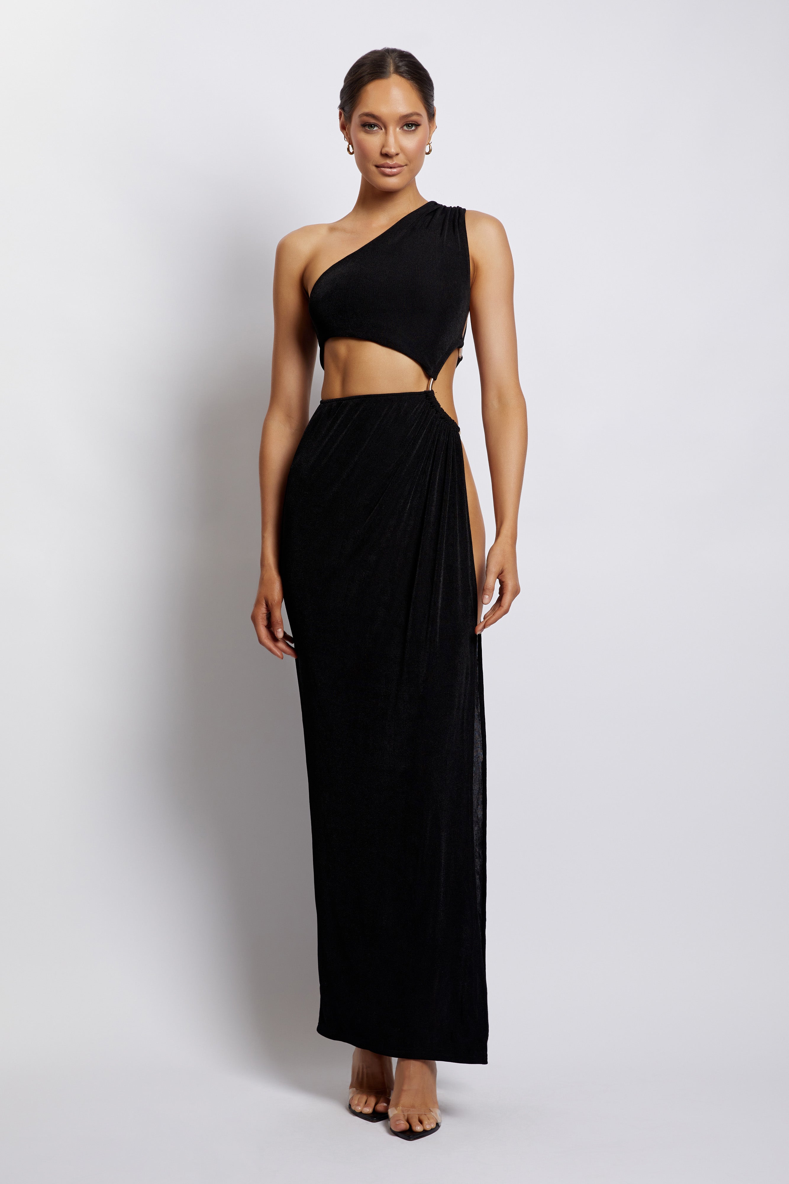 MESHKI Paige Ruched Side Cut Out Maxi Dress - Black