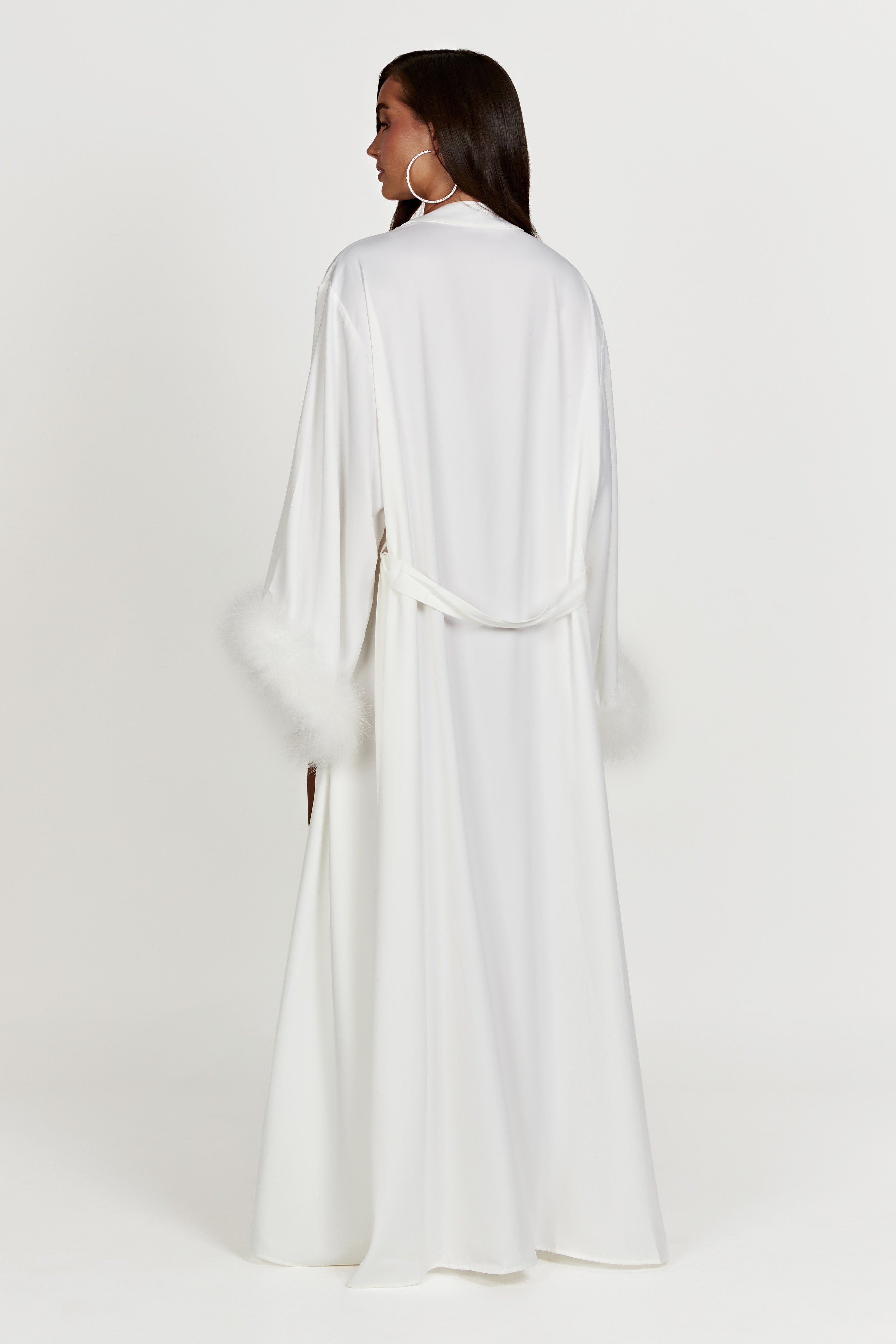 MESHKI Amalia Satin Feather Trim Robe - White