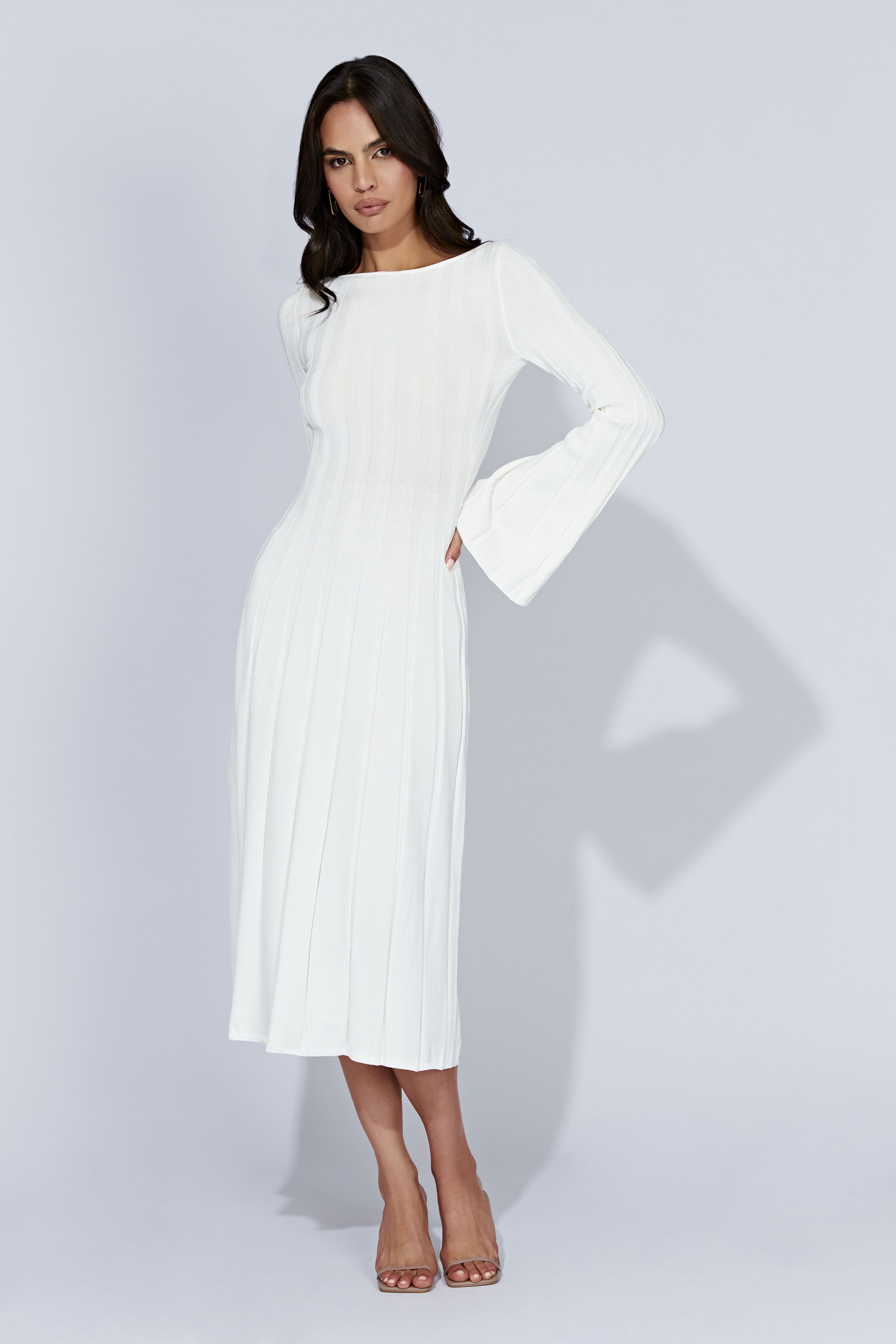 MESHKI Juniper Flare Sleeve Knit Midi Dress - White