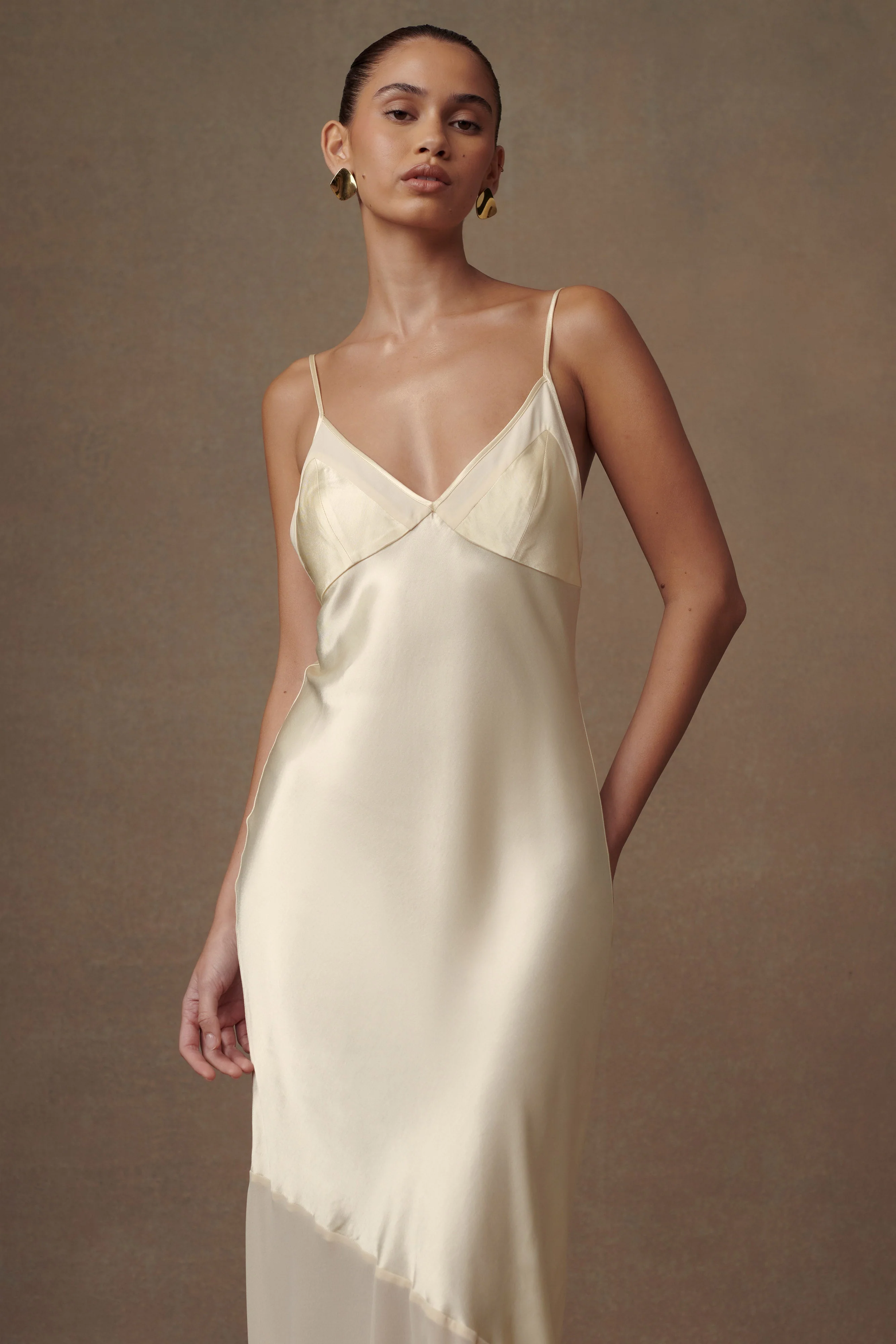 MESHKI Evelyn Iridescent Satin Maxi Dress - Lemon Sorbet