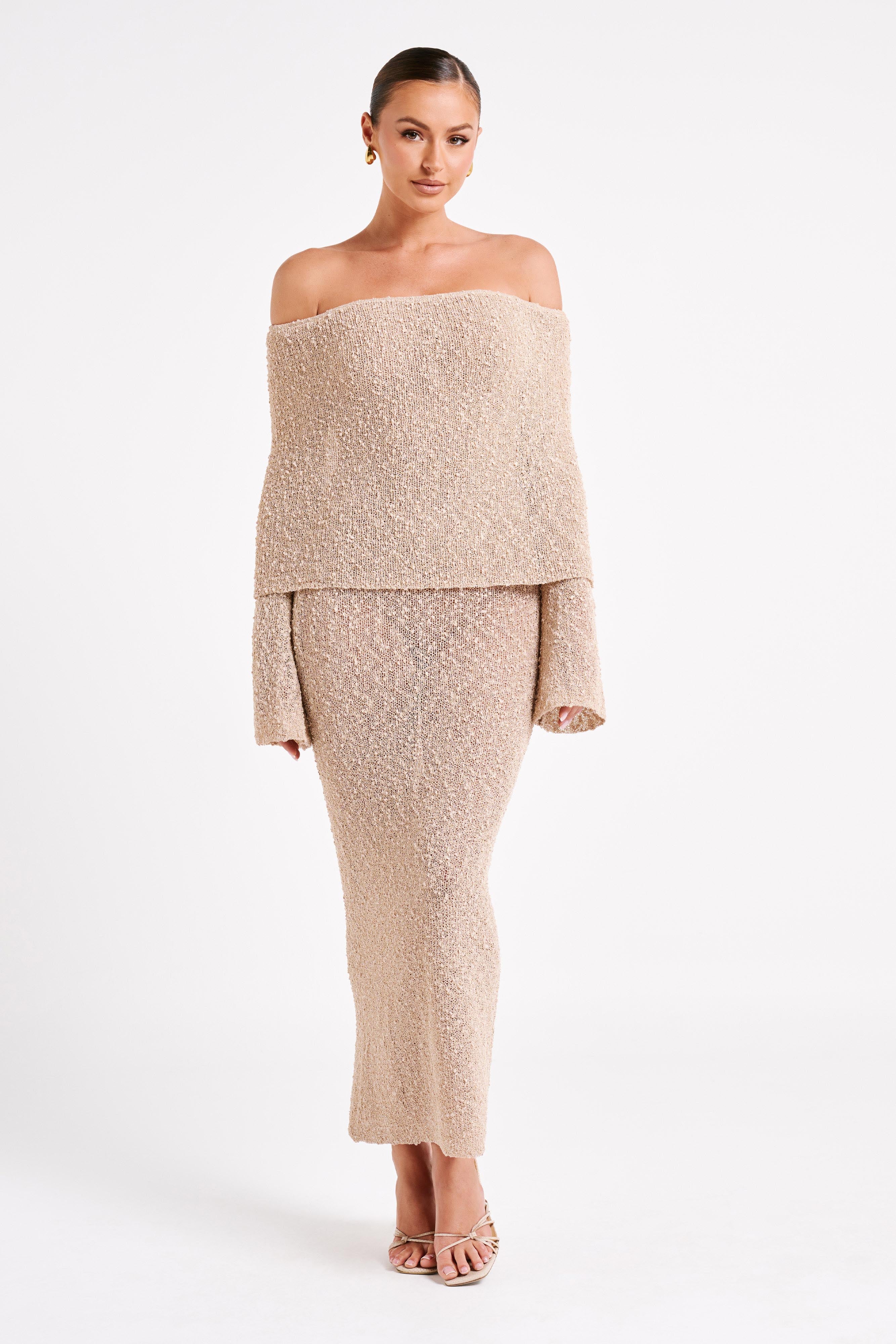MESHKI Marisol Off Shoulder Boucle Maxi Dress - Wheat