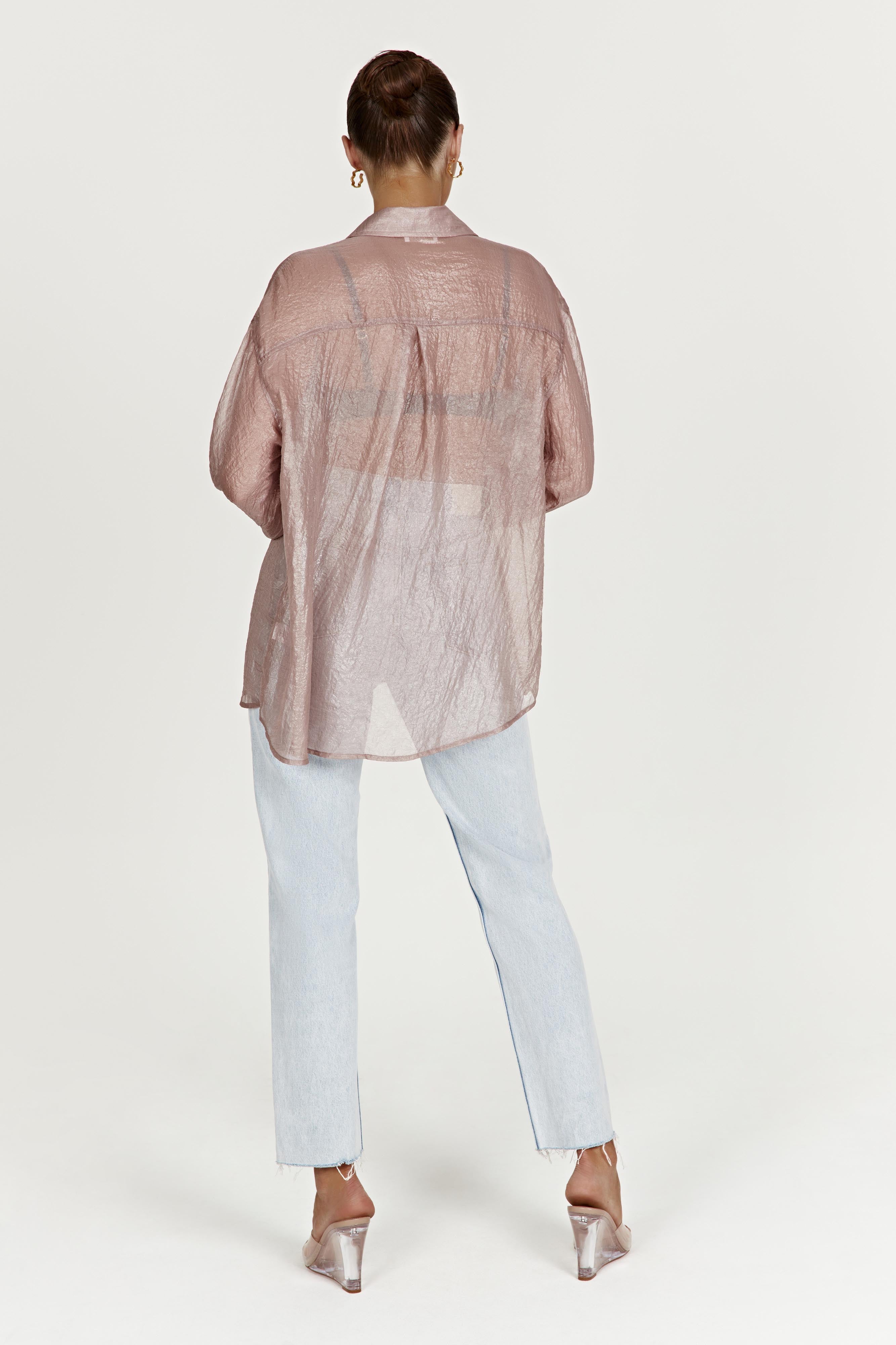 MESHKI Molly Oversized Sheer Iridescent Shirt - Taupe
