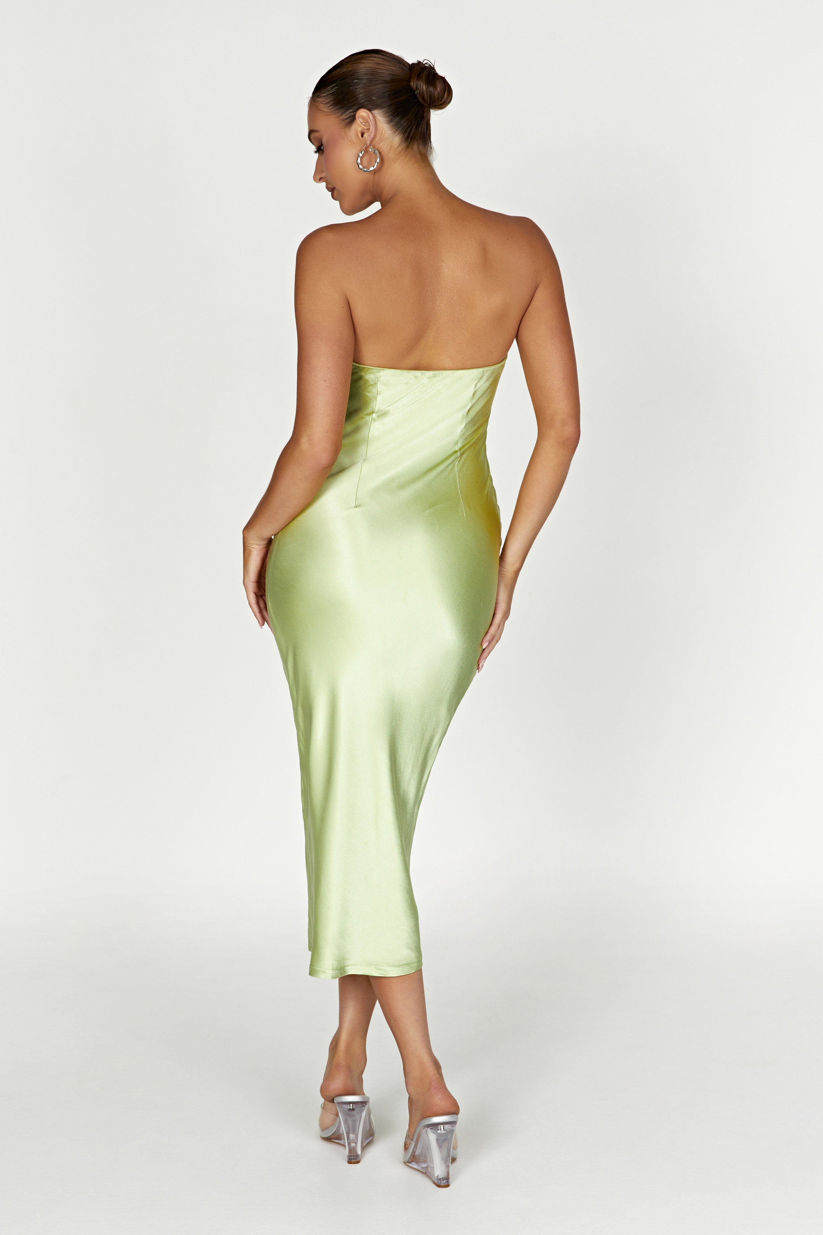 MESHKI Tyler Strapless Satin Midi Dress - Pistachio Green