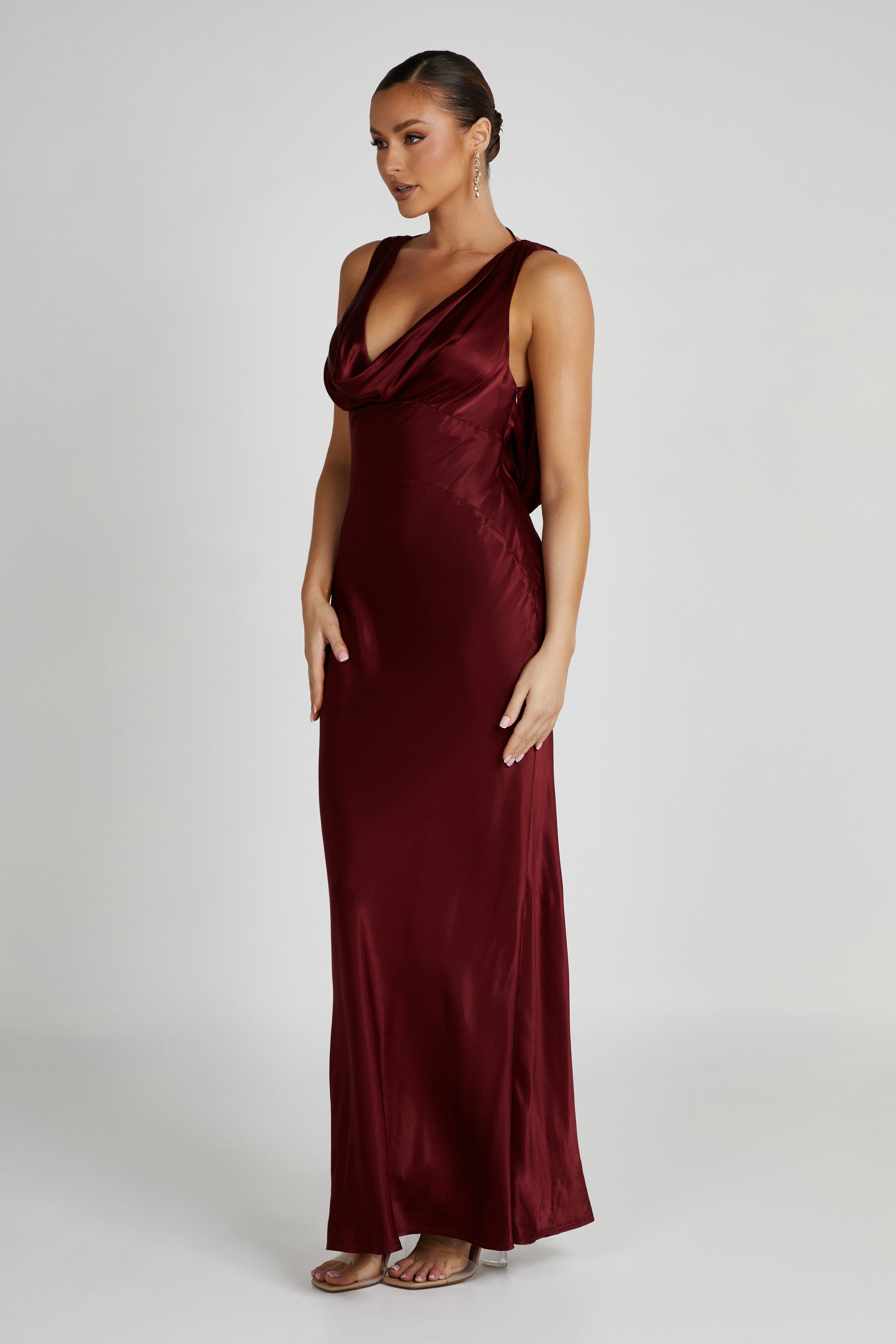 MESHKI Angelique Satin Cowl Back Maxi Dress - Berry