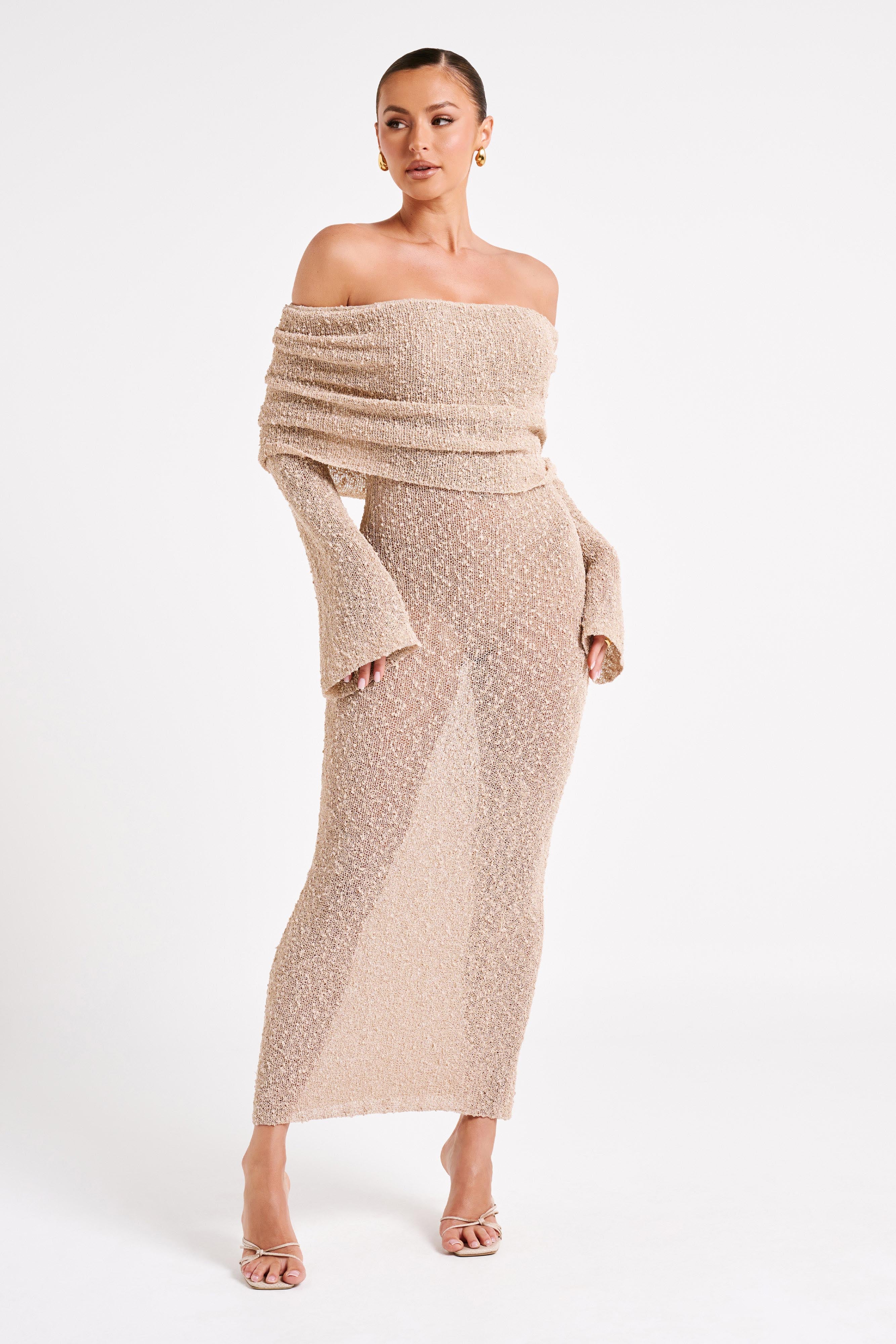 MESHKI Marisol Off Shoulder Boucle Maxi Dress - Wheat