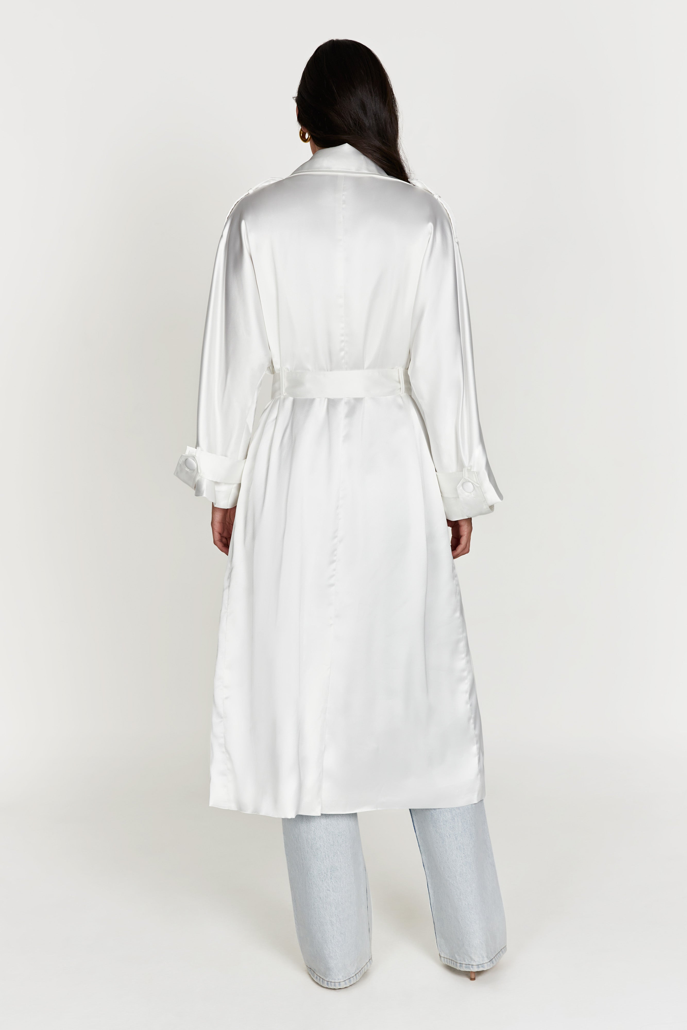 MESHKI Azaela Satin Trench Coat - White