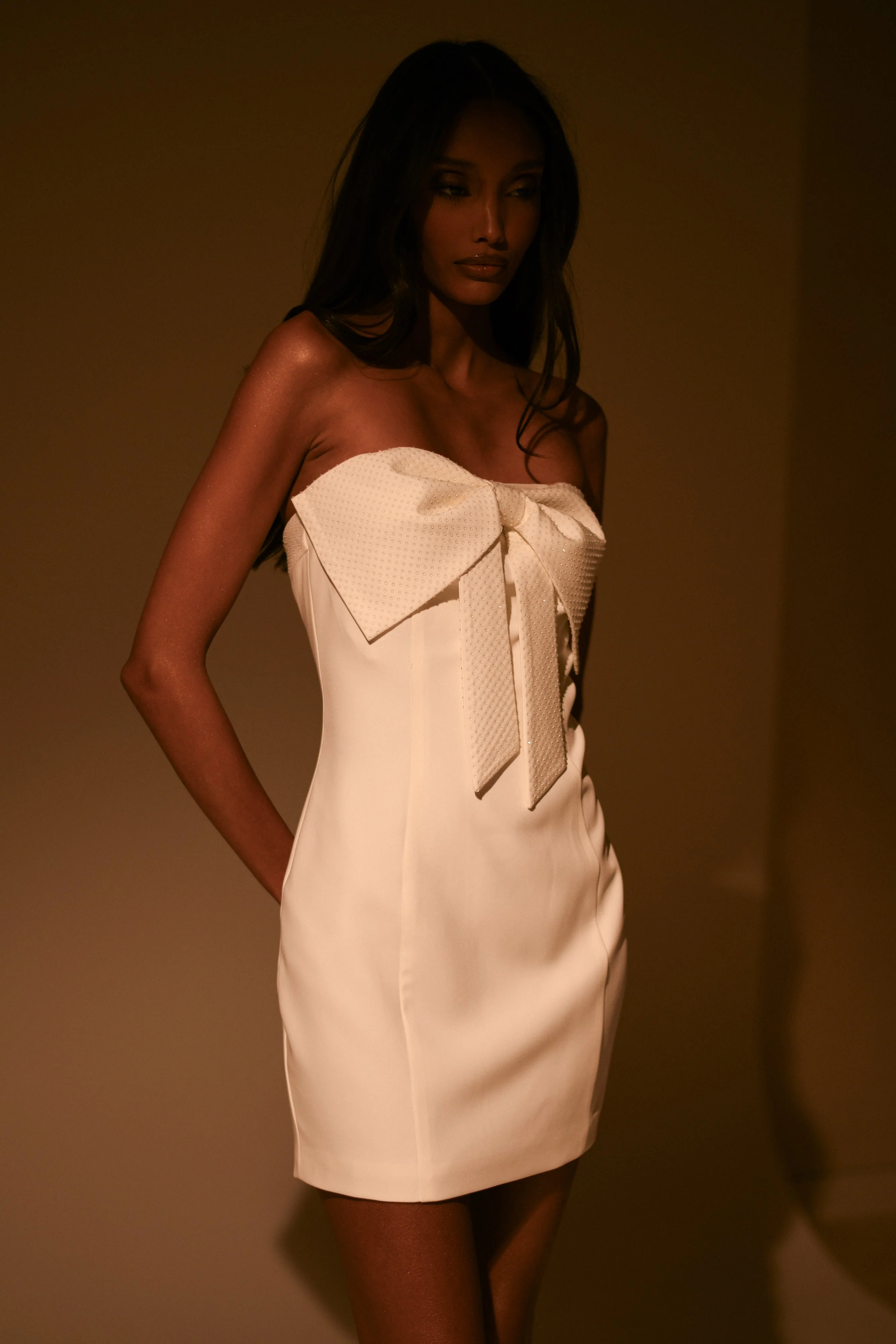 MESHKI Saoirse Strapless Mini Dress With Diamante Bow - White