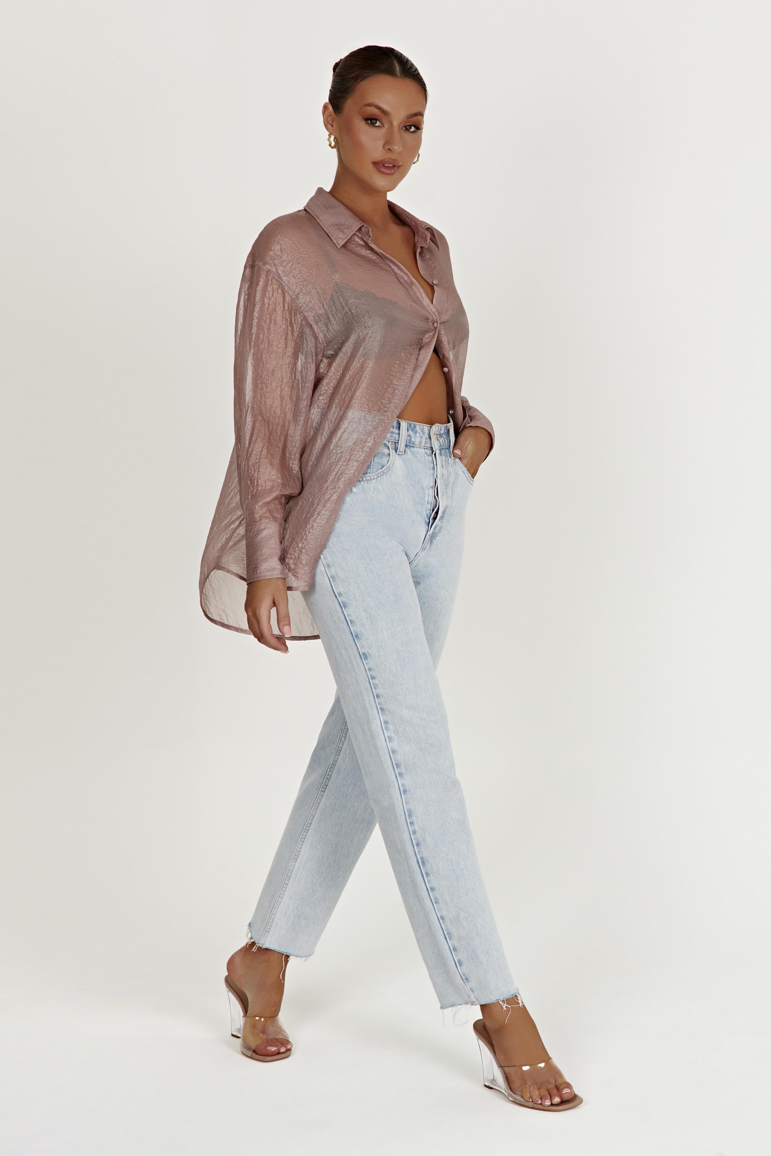MESHKI Molly Oversized Sheer Iridescent Shirt - Taupe