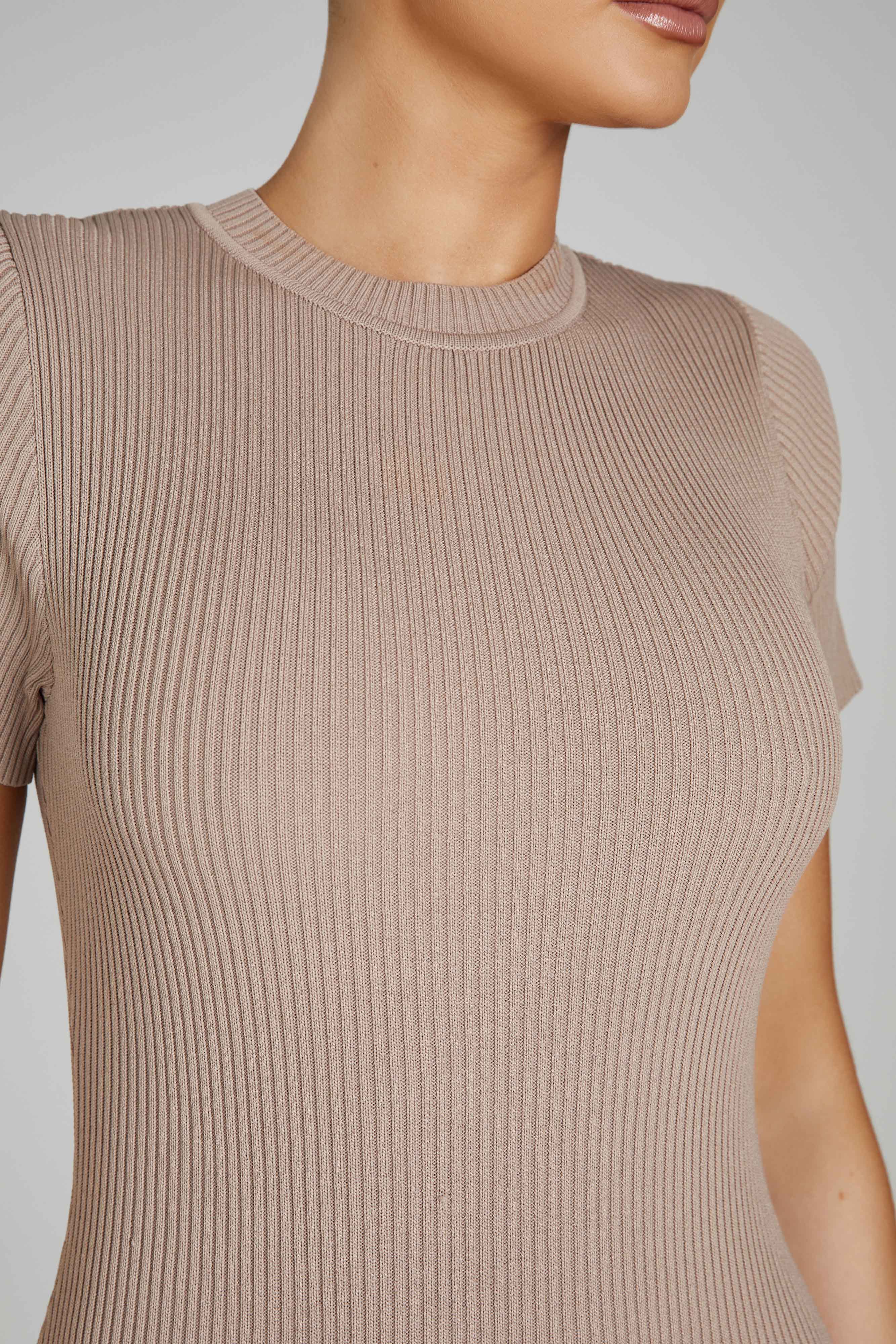 MESHKI Sonia Short Sleeve Knit Midi Dress - Taupe