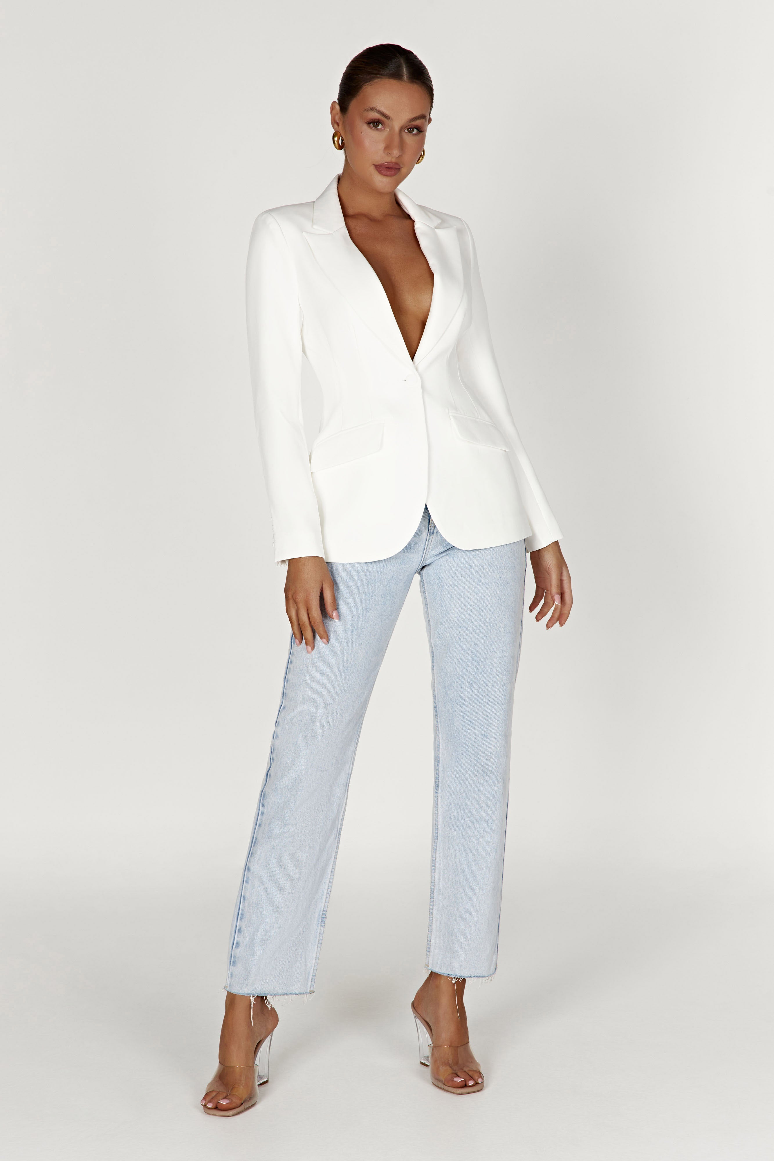 MESHKI Helda Fitted Cinched Waist Blazer - White