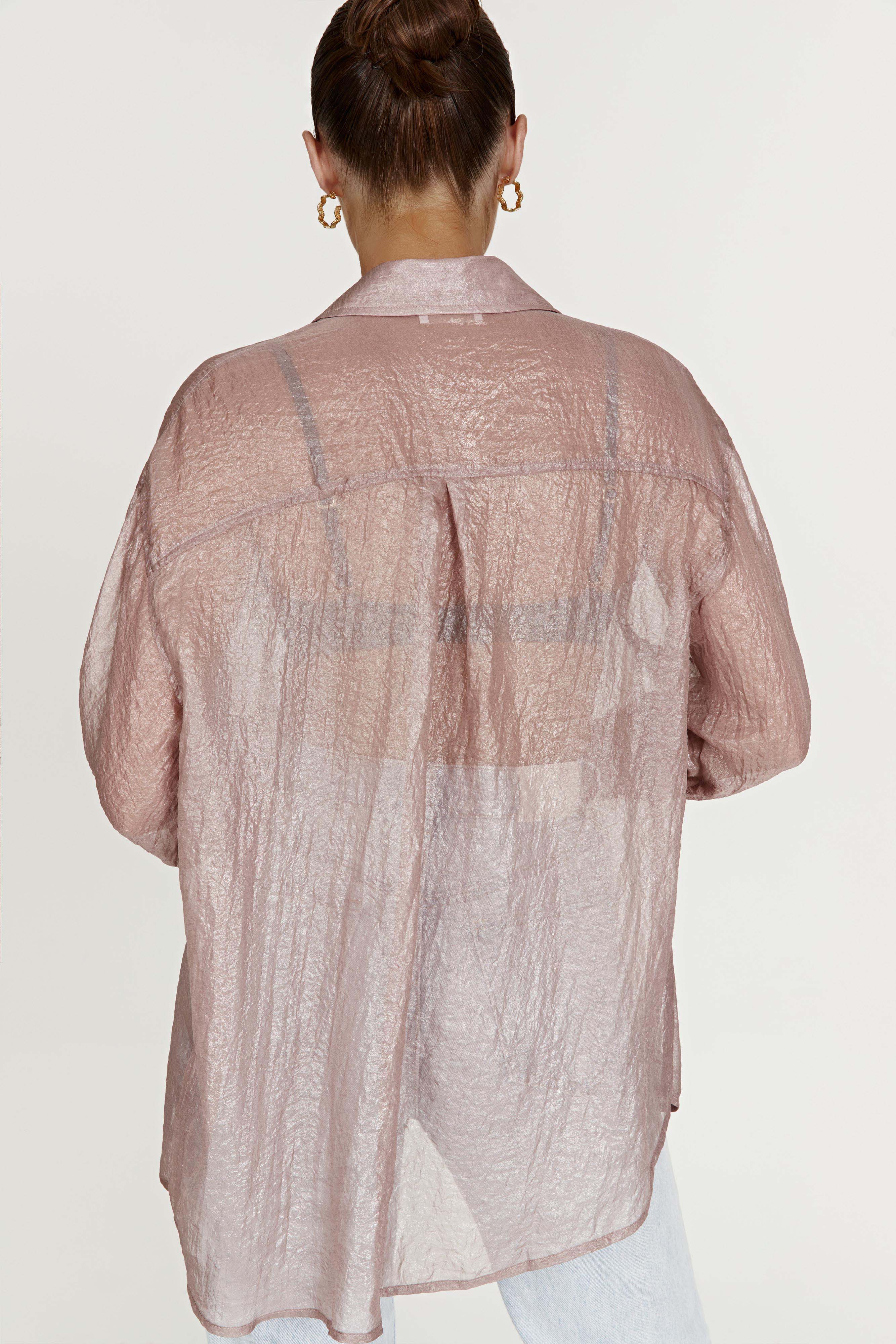 MESHKI Molly Oversized Sheer Iridescent Shirt - Taupe