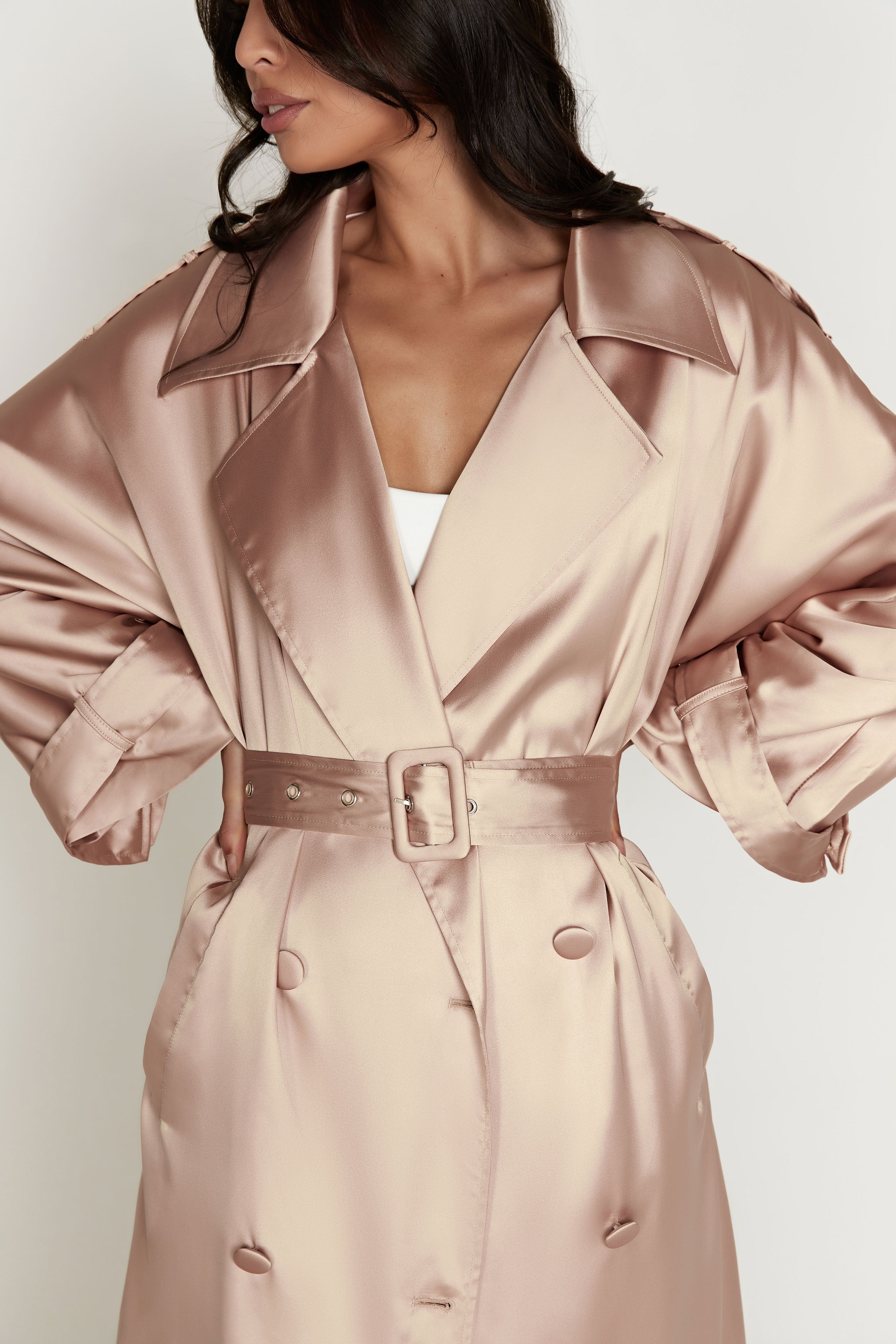 MESHKI Azaela Satin Trench Coat - Champagne