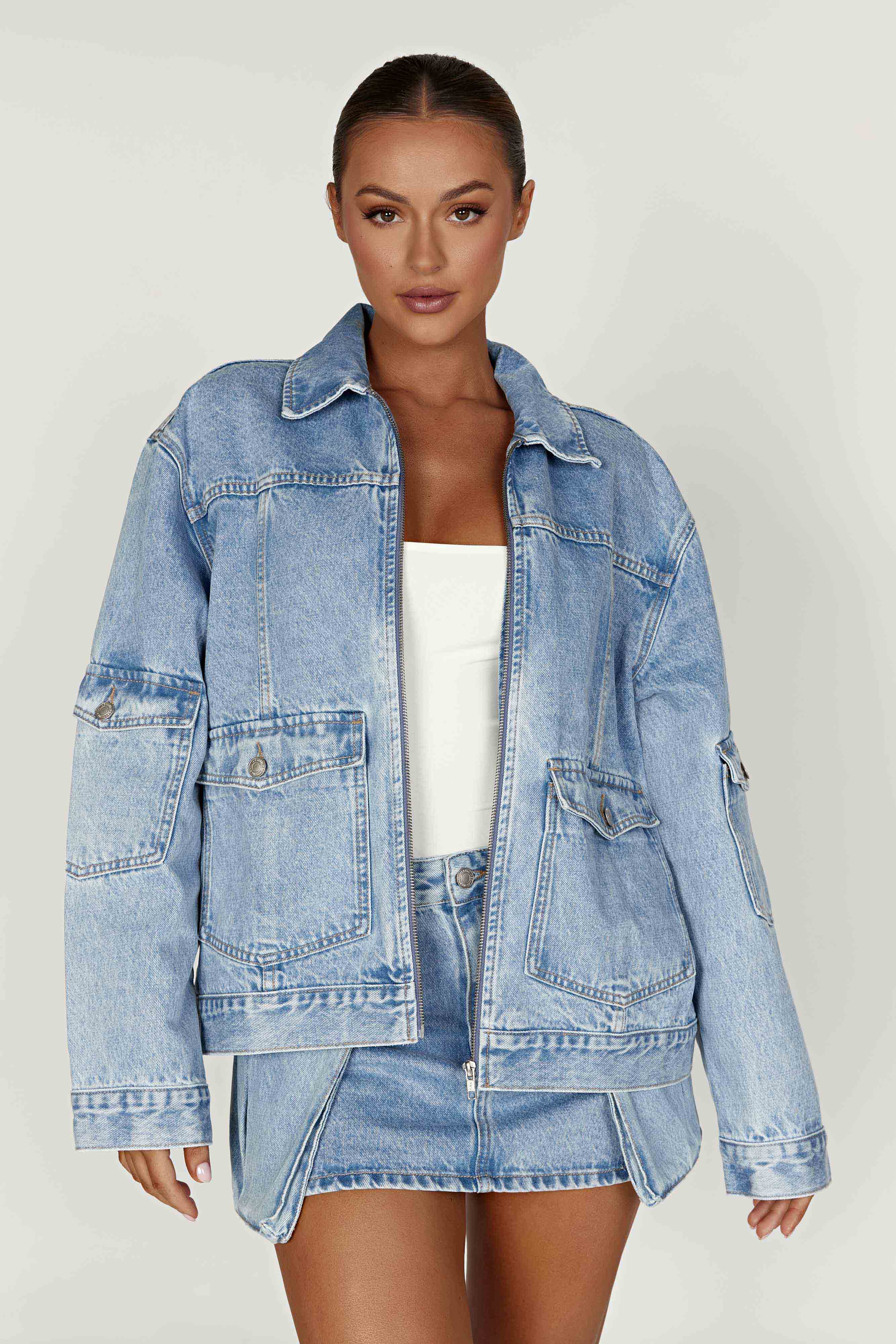 MESHKI Rylee Oversized Denim Jacket - Mid Blue