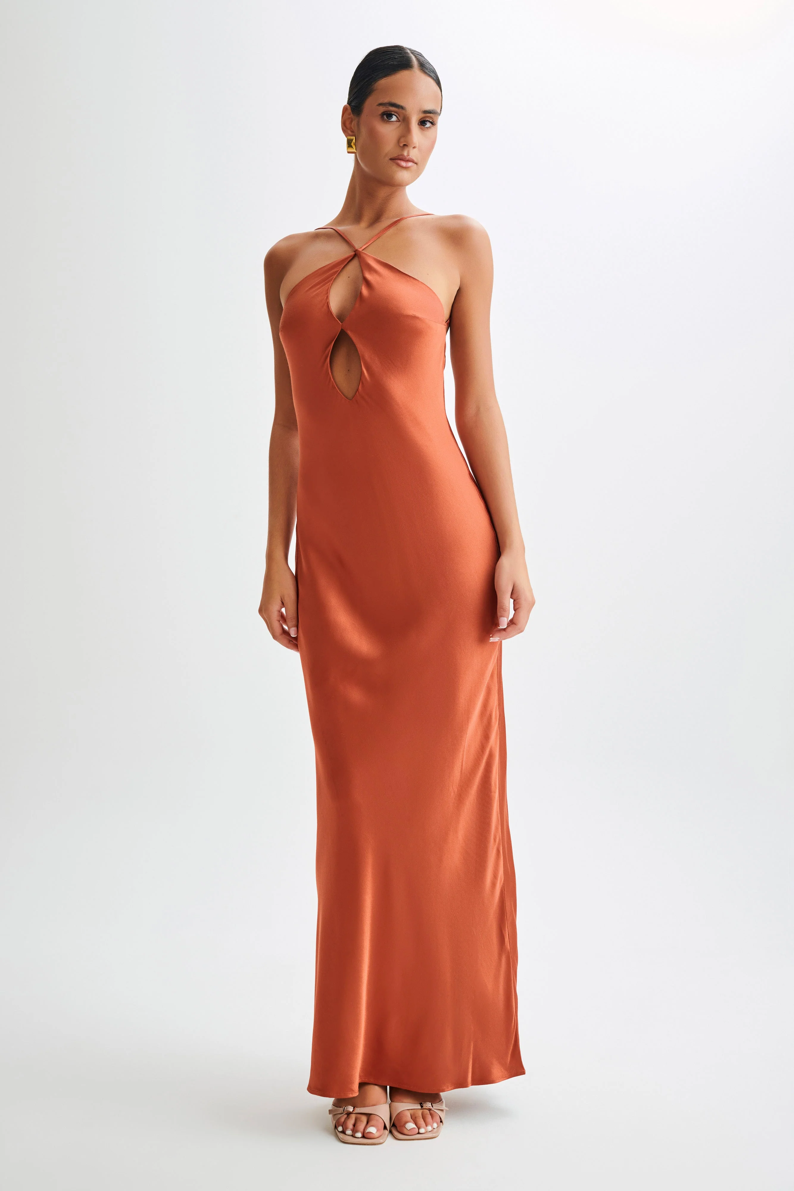 MESHKI Lucia Satin Cut Out Maxi Dress - Burnt Orange