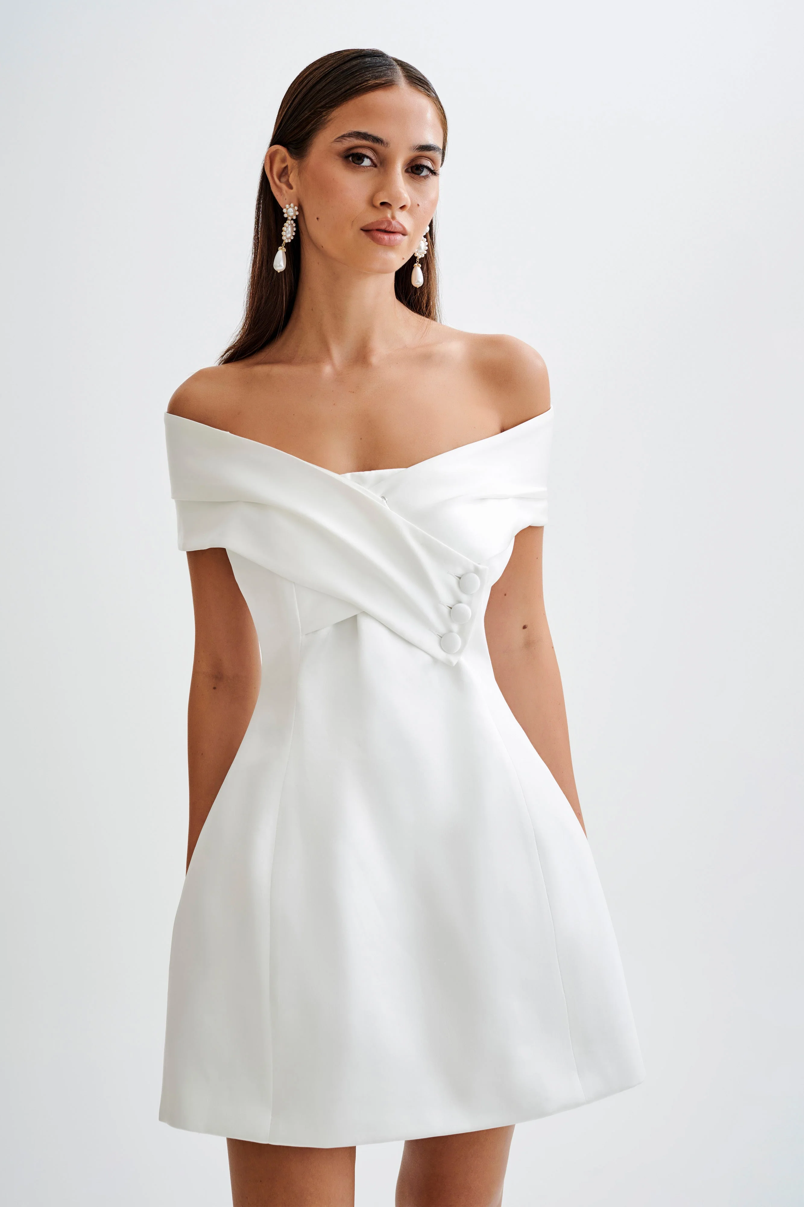 MESHKI Evita Satin Off Shoulder Mini Dress - White