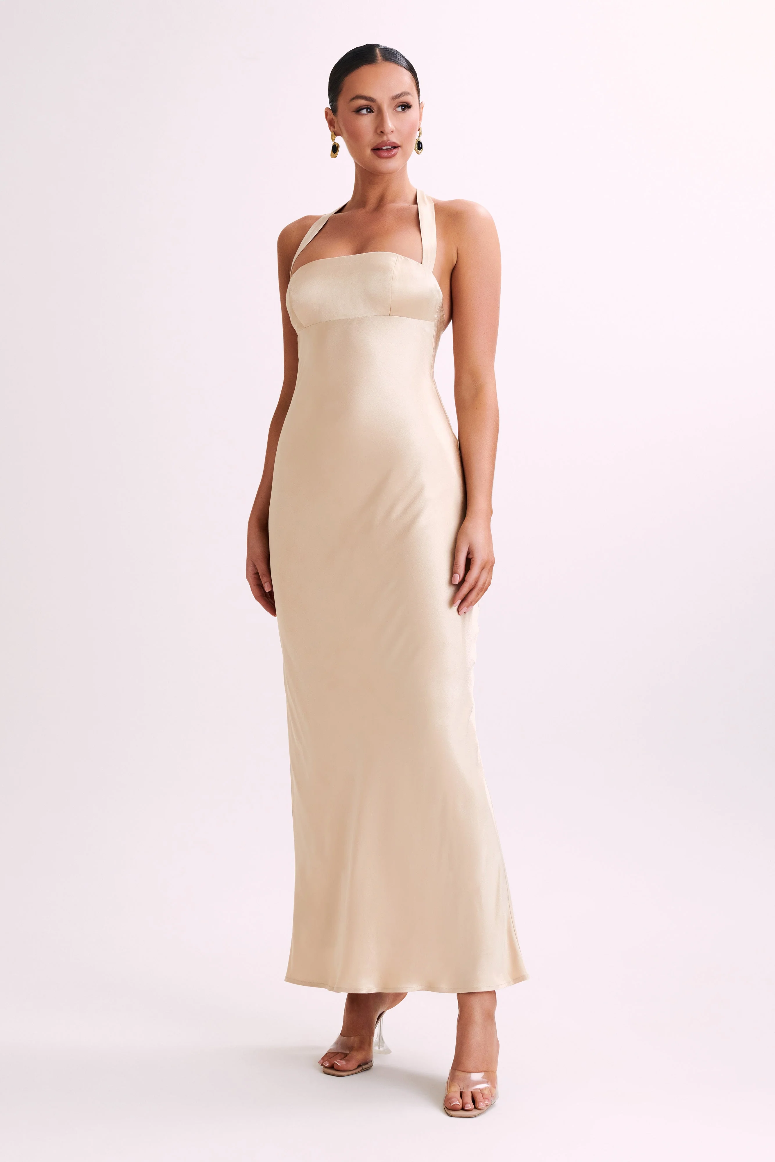 MESHKI Sabra Satin Halter Maxi Dress - Gold