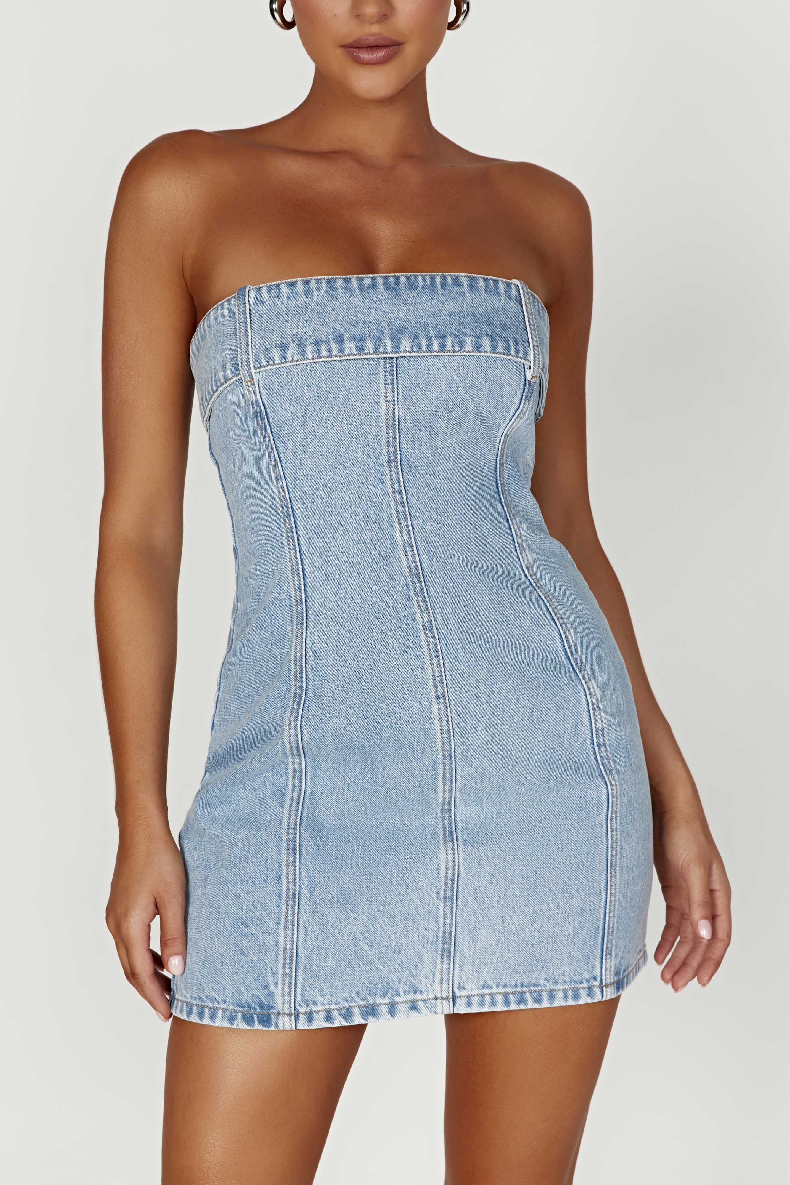 MESHKI Teddi Denim Mini Dress - Mid Blue