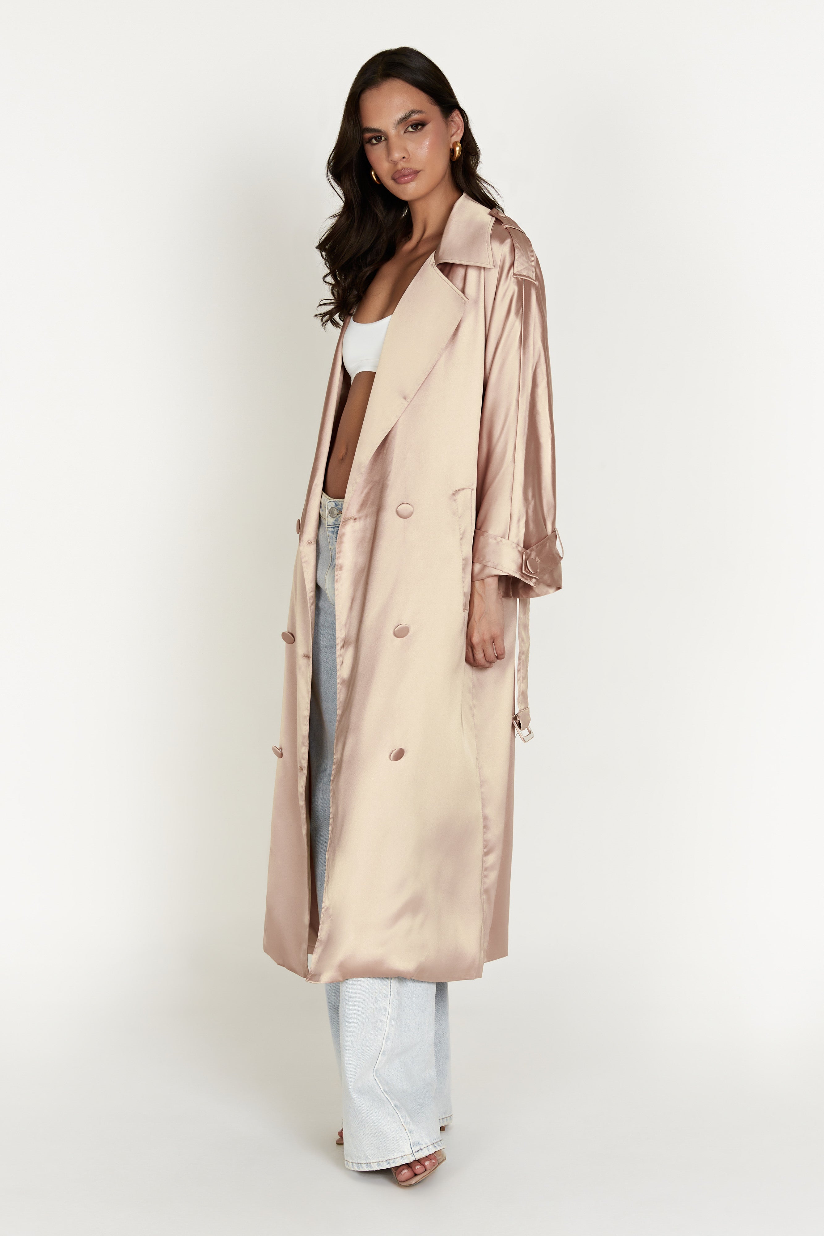 MESHKI Azaela Satin Trench Coat - Champagne